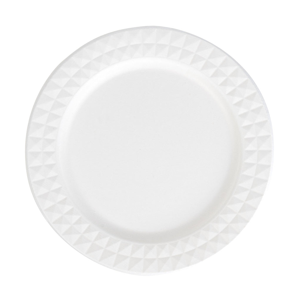 Pulp Safe No PFAS Added Round White Sugarcane / Bagasse Plate - Home Compostable, with Diamond Rim - 9" x 9" x 1/2" - 25 count box
