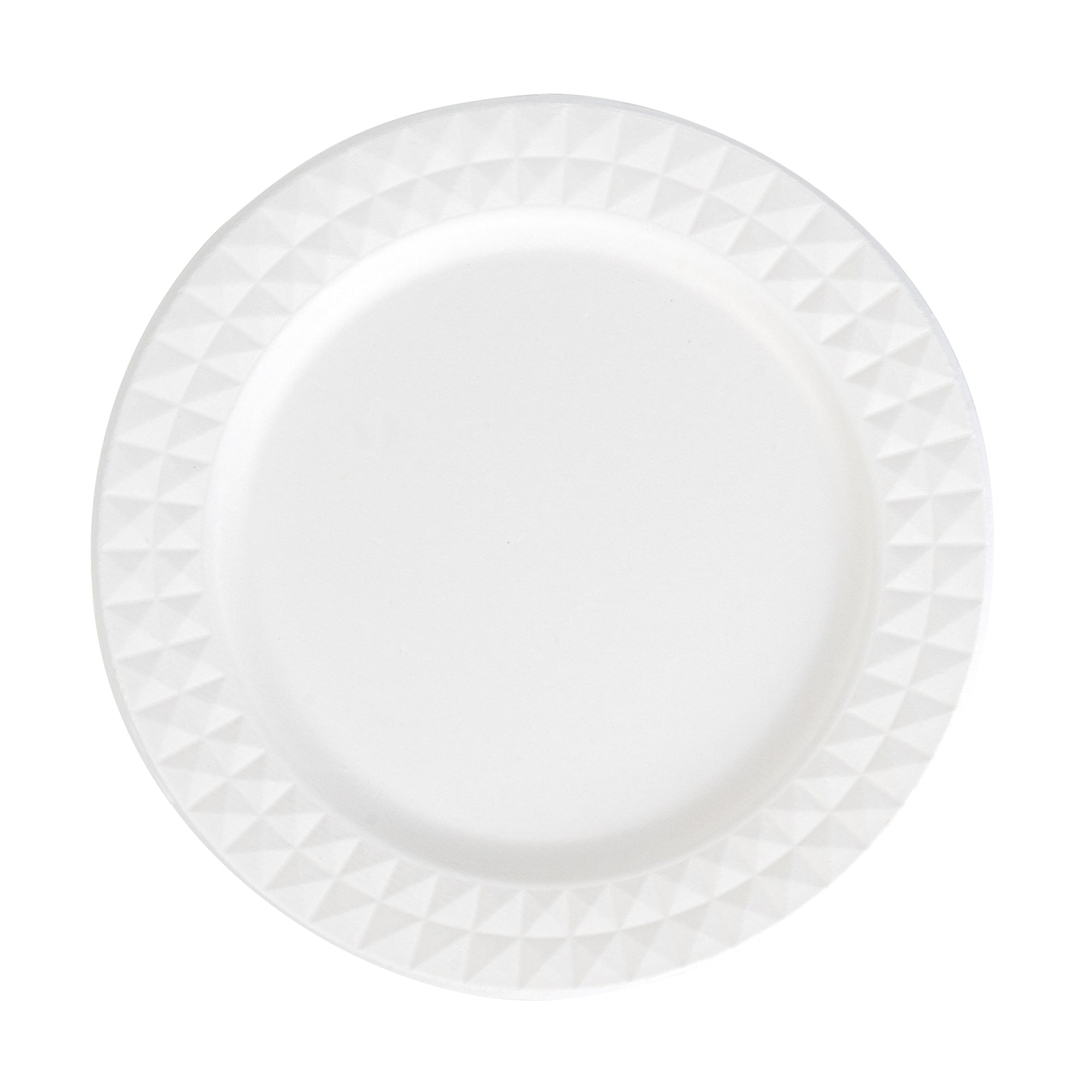 Pulp Safe No PFAS Added Round White Sugarcane / Bagasse Plate - Home Compostable, with Diamond Rim - 9" x 9" x 1/2" - 25 count box