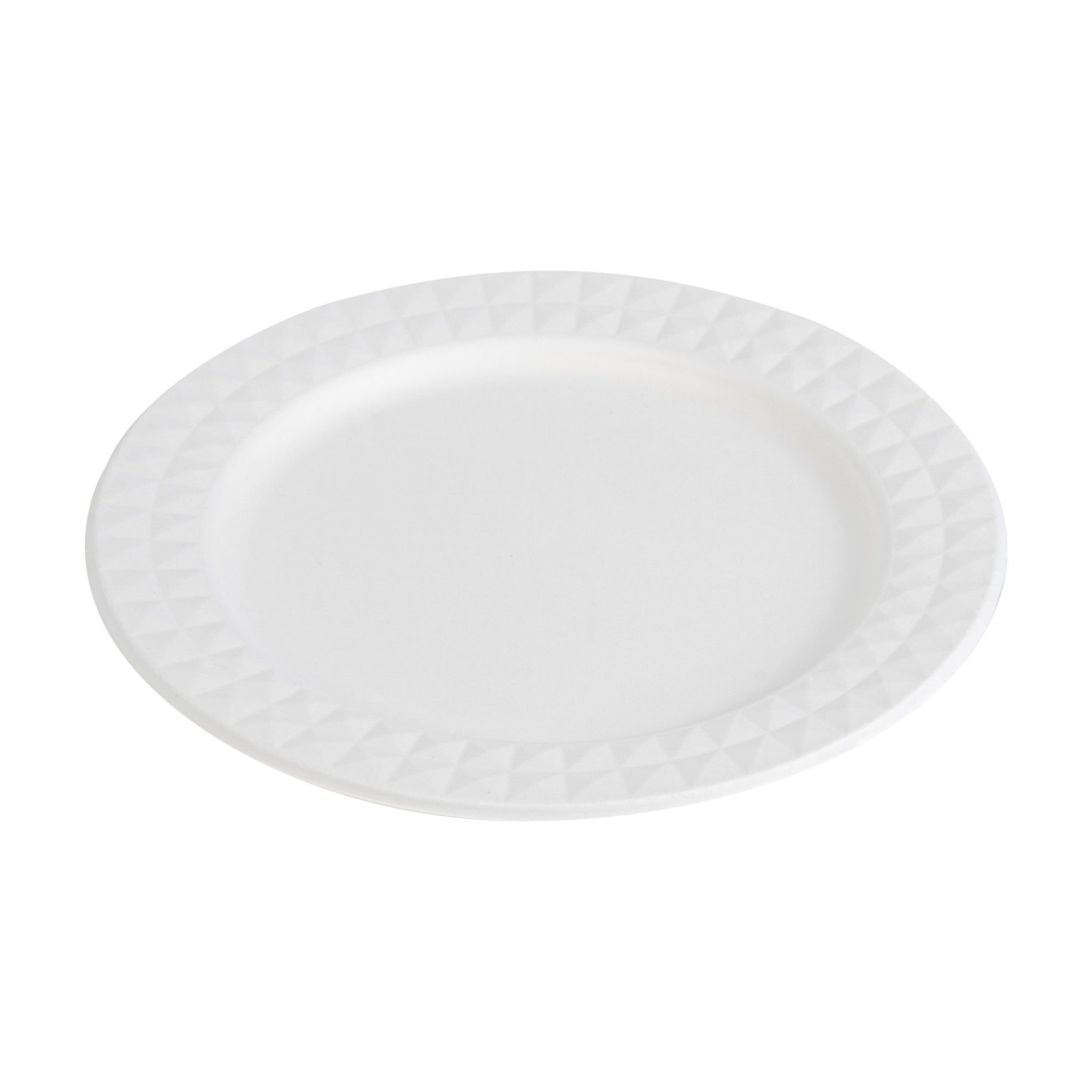 Pulp Safe No PFAS Added Round White Sugarcane / Bagasse Plate - Home Compostable, with Diamond Rim - 9" x 9" x 1/2" - 25 count box