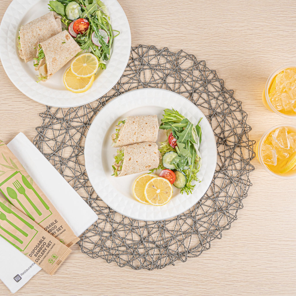 Pulp Safe No PFAS Added Round White Sugarcane / Bagasse Plate - Home Compostable, with Diamond Rim - 9" x 9" x 1/2" - 25 count box