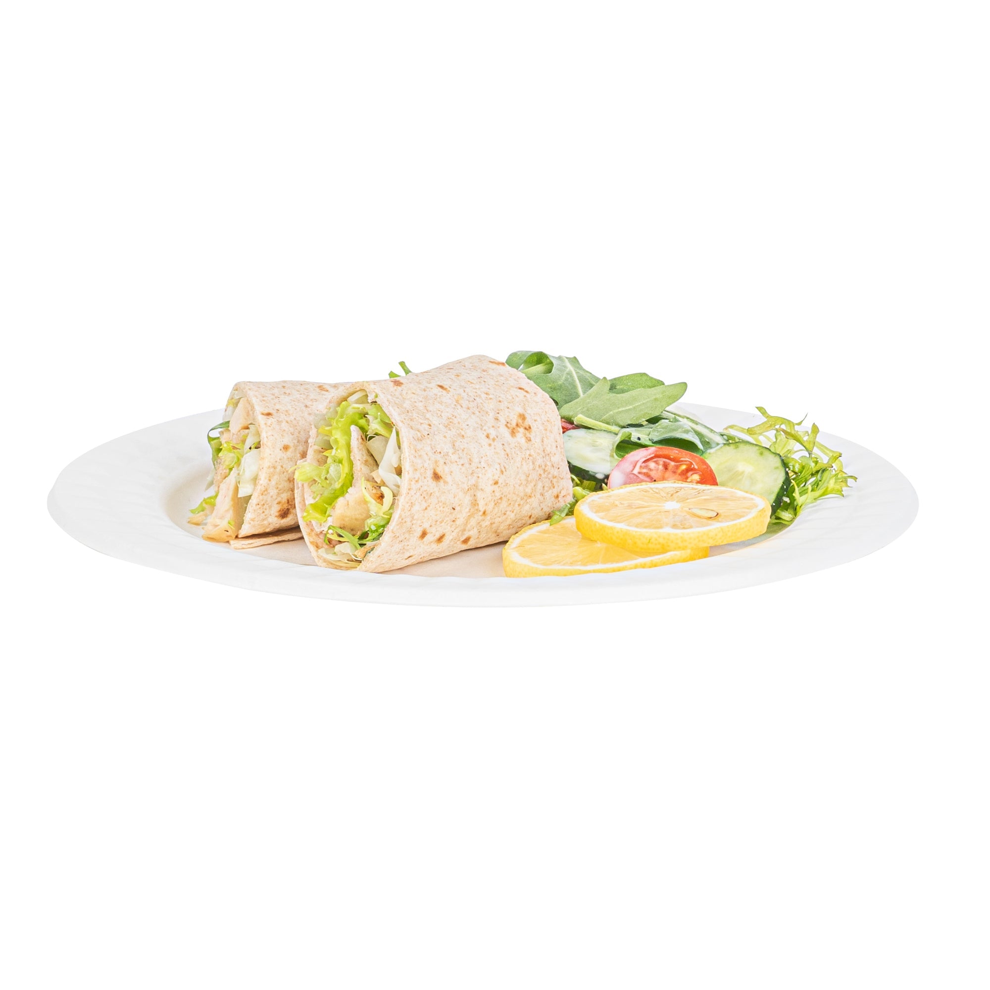 Pulp Safe No PFAS Added Round White Sugarcane / Bagasse Plate - Home Compostable, with Diamond Rim - 9" x 9" x 1/2" - 100 count box