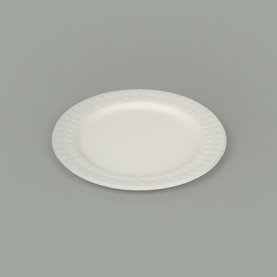 Pulp Safe No PFAS Added Round White Sugarcane / Bagasse Plate - Home Compostable, with Diamond Rim - 9" x 9" x 1/2" - 100 count box