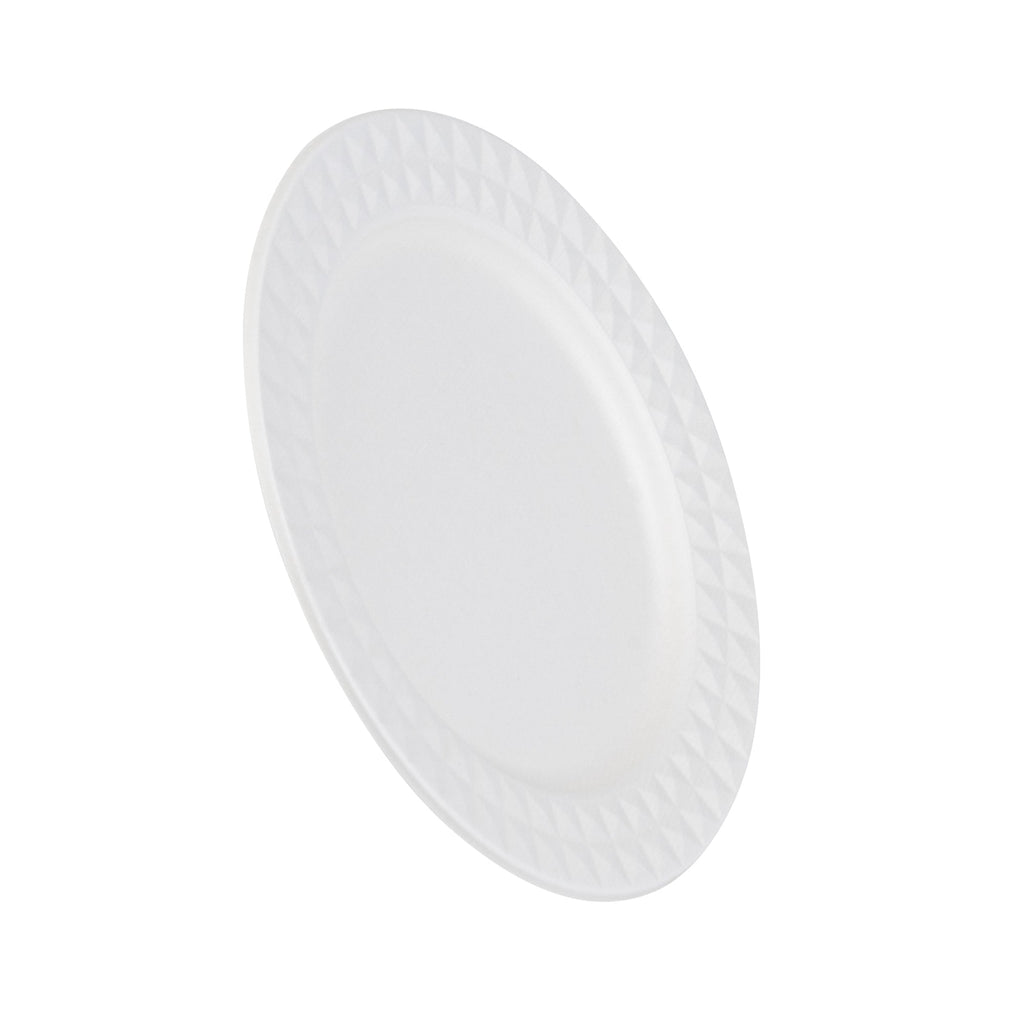 Pulp Safe No PFAS Added Round White Sugarcane / Bagasse Plate - Home Compostable, with Diamond Rim - 9" x 9" x 1/2" - 100 count box