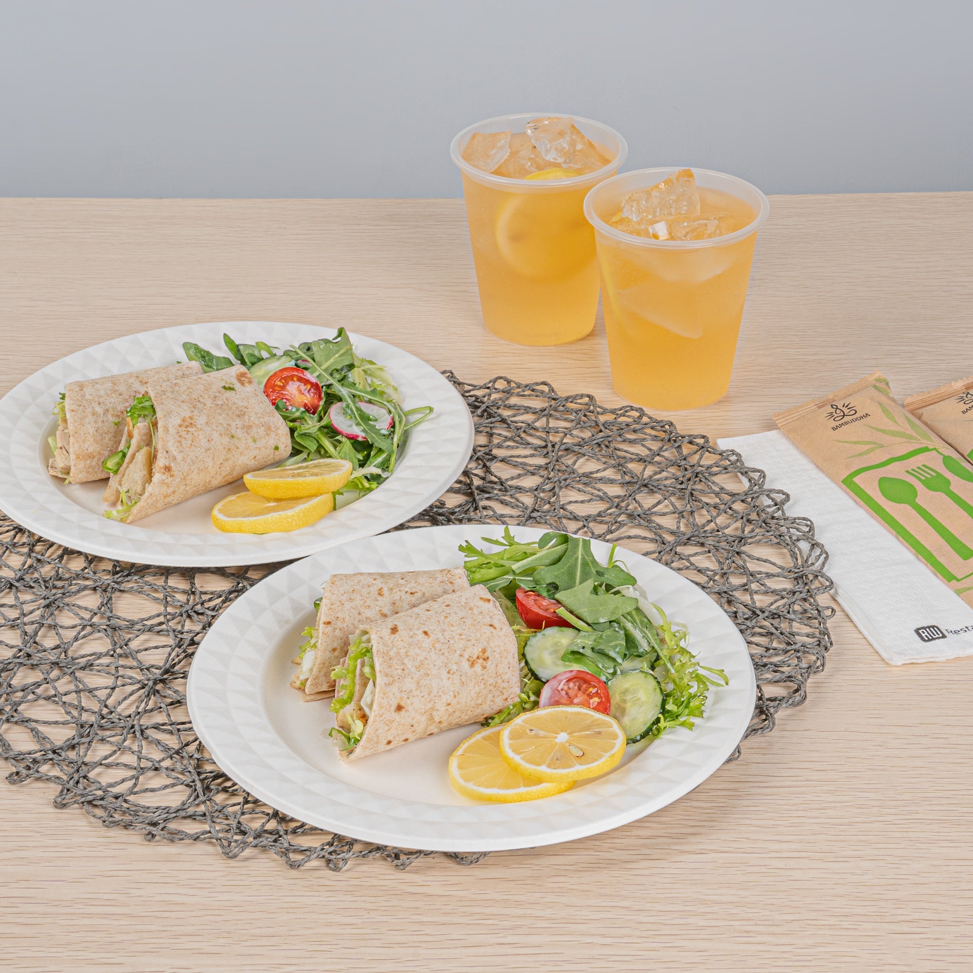 Pulp Safe No PFAS Added Round White Sugarcane / Bagasse Plate - Home Compostable, with Diamond Rim - 9" x 9" x 1/2" - 100 count box