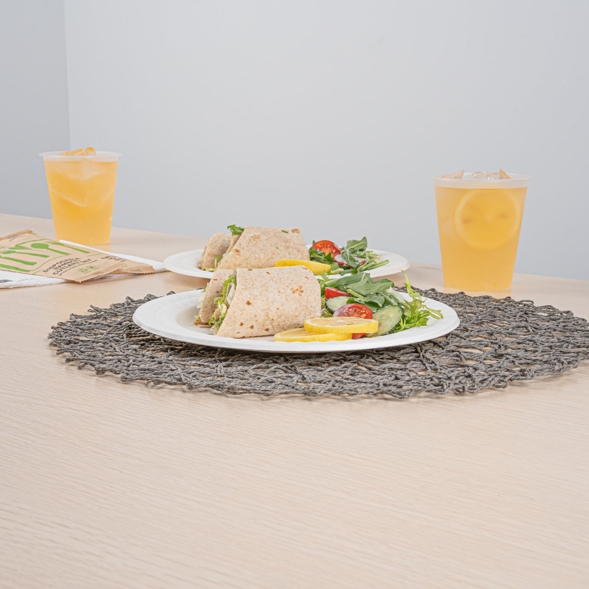 Pulp Safe No PFAS Added Round White Sugarcane / Bagasse Plate - Home Compostable, with Diamond Rim - 9" x 9" x 1/2" - 100 count box