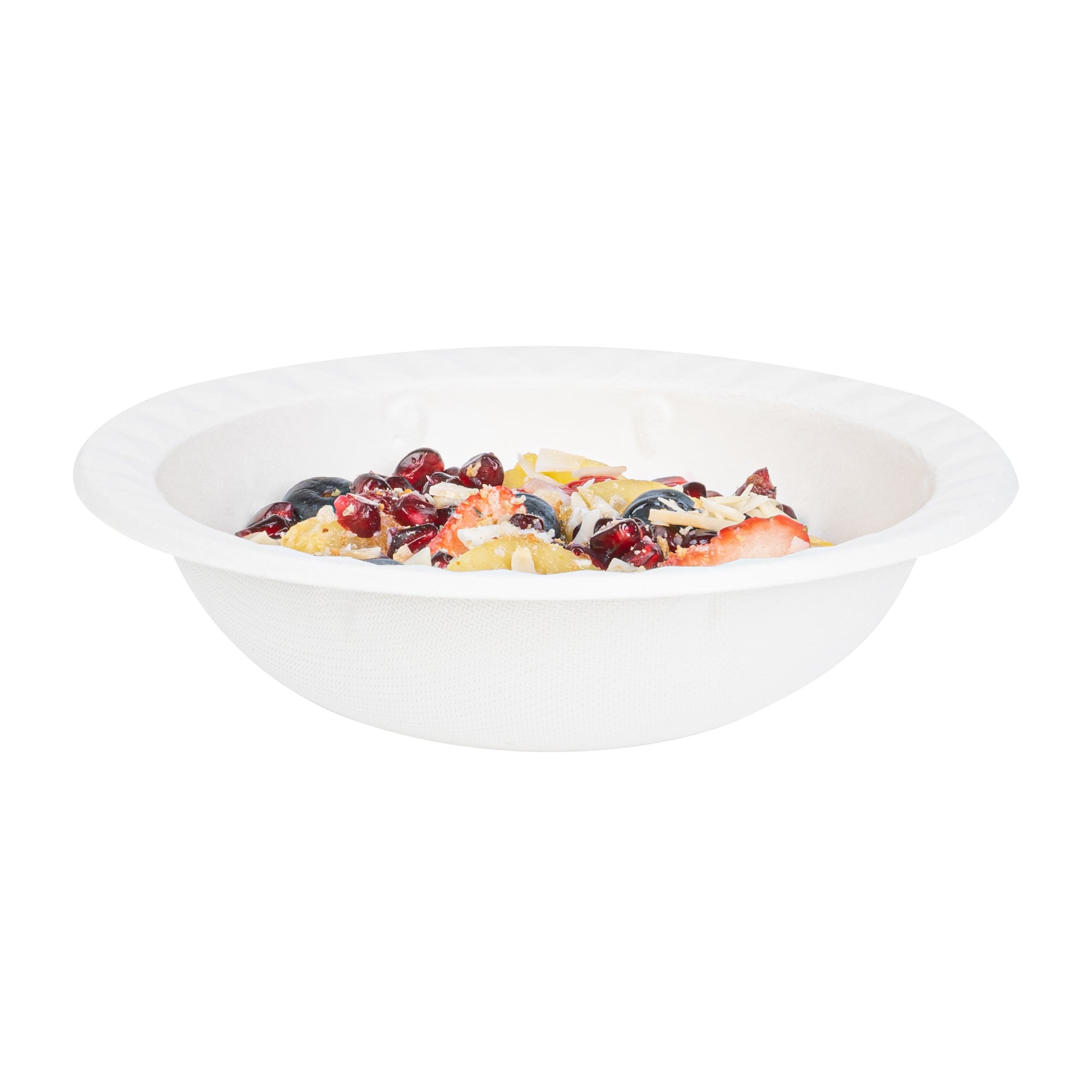 Pulp Safe No PFAS Added 16 oz White Sugarcane / Bagasse Bowl - Home Compostable, with Diamond Rim - 6 3/4" x 6 3/4" x 2" - 25 count box