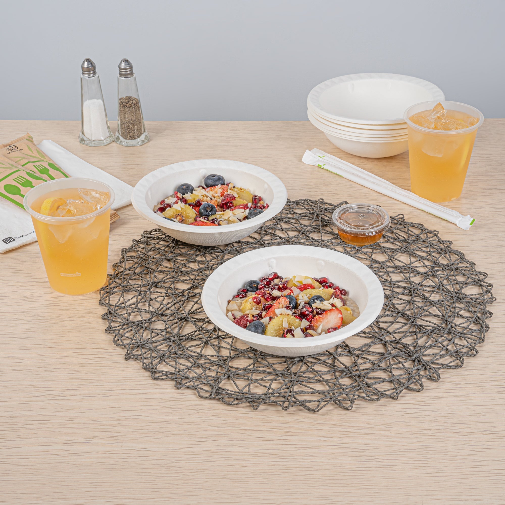 Pulp Safe No PFAS Added 16 oz White Sugarcane / Bagasse Bowl - Home Compostable, with Diamond Rim - 6 3/4" x 6 3/4" x 2" - 100 count box
