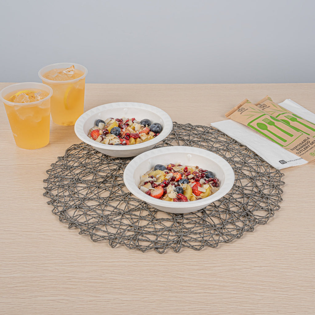 Pulp Safe No PFAS Added 16 oz White Sugarcane / Bagasse Bowl - Home Compostable, with Diamond Rim - 6 3/4" x 6 3/4" x 2" - 100 count box