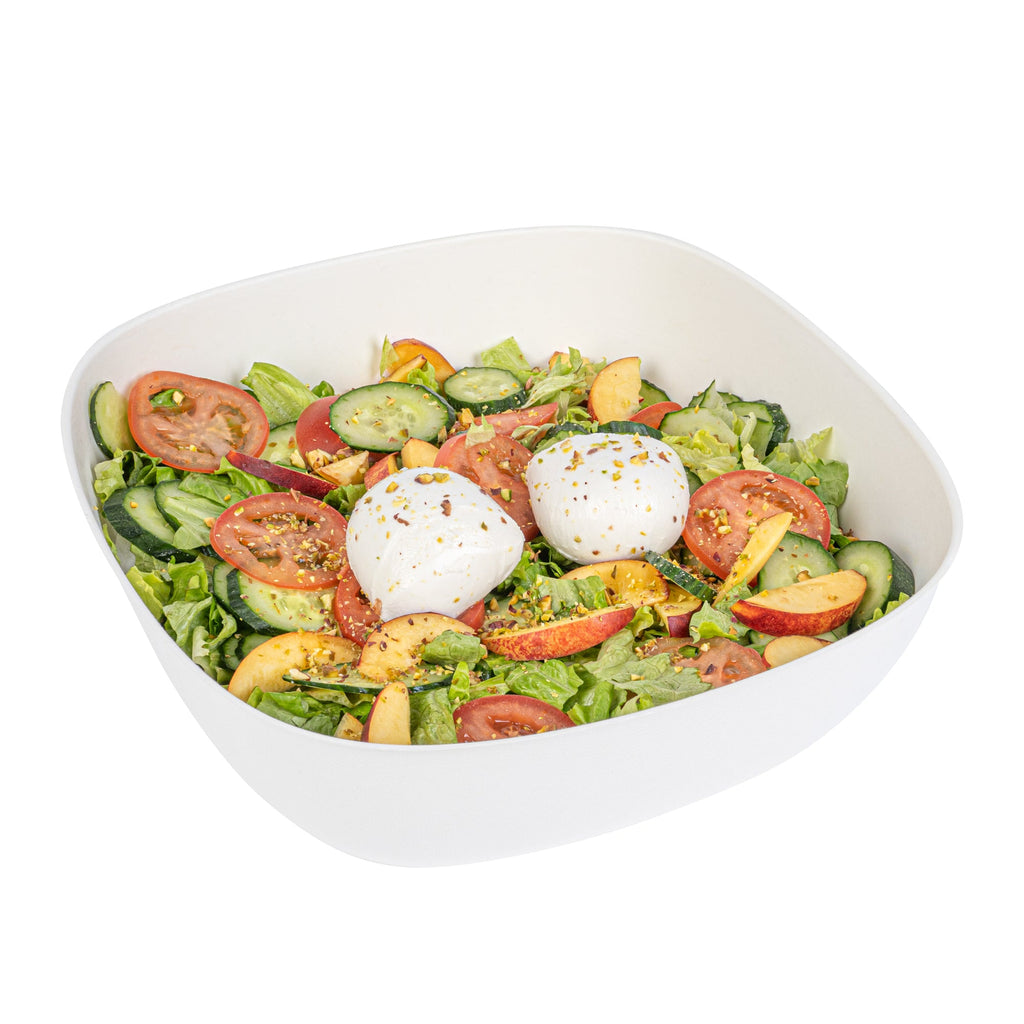 Pulp Safe Modular No PFAS Added 190 oz White Sugarcane / Bagasse Bowl - Home Compostable - 11 3/4" x 11 3/4" x 4" - 25 count box