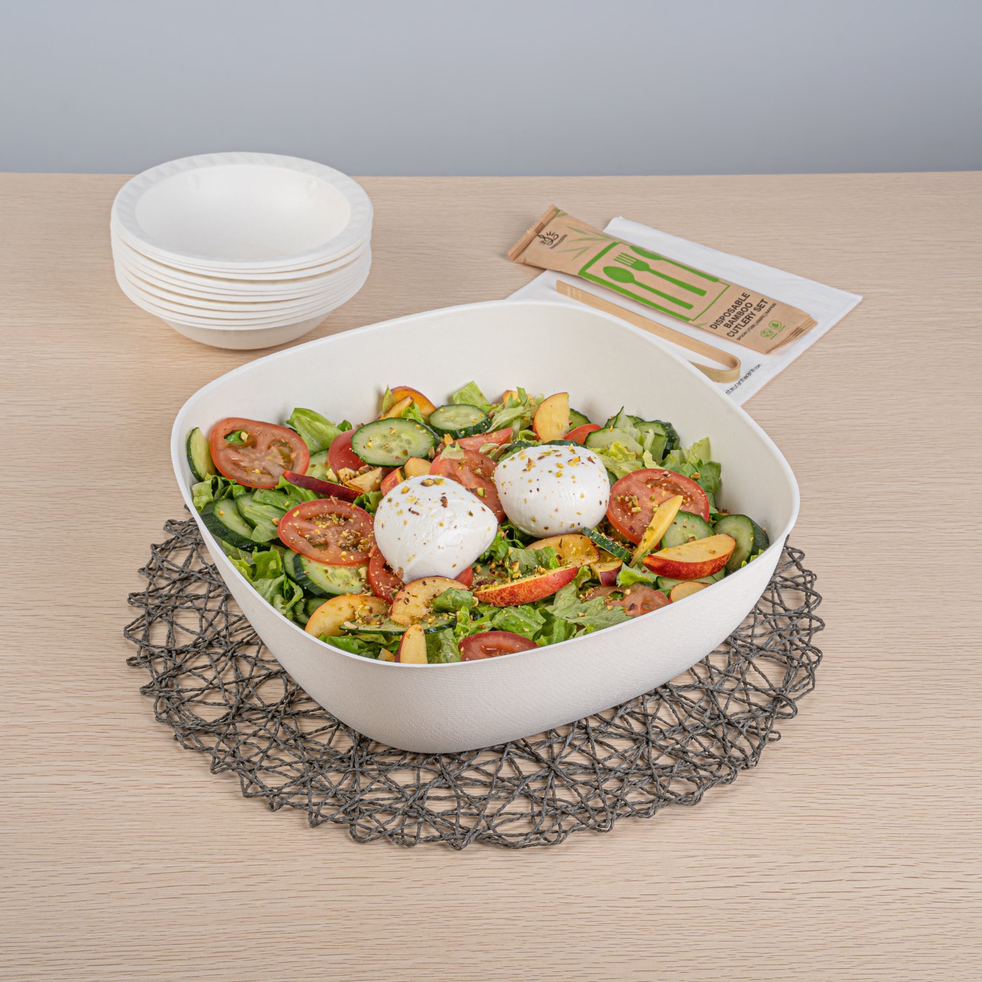 Pulp Safe Modular No PFAS Added 190 oz White Sugarcane / Bagasse Bowl - Home Compostable - 11 3/4" x 11 3/4" x 4" - 25 count box