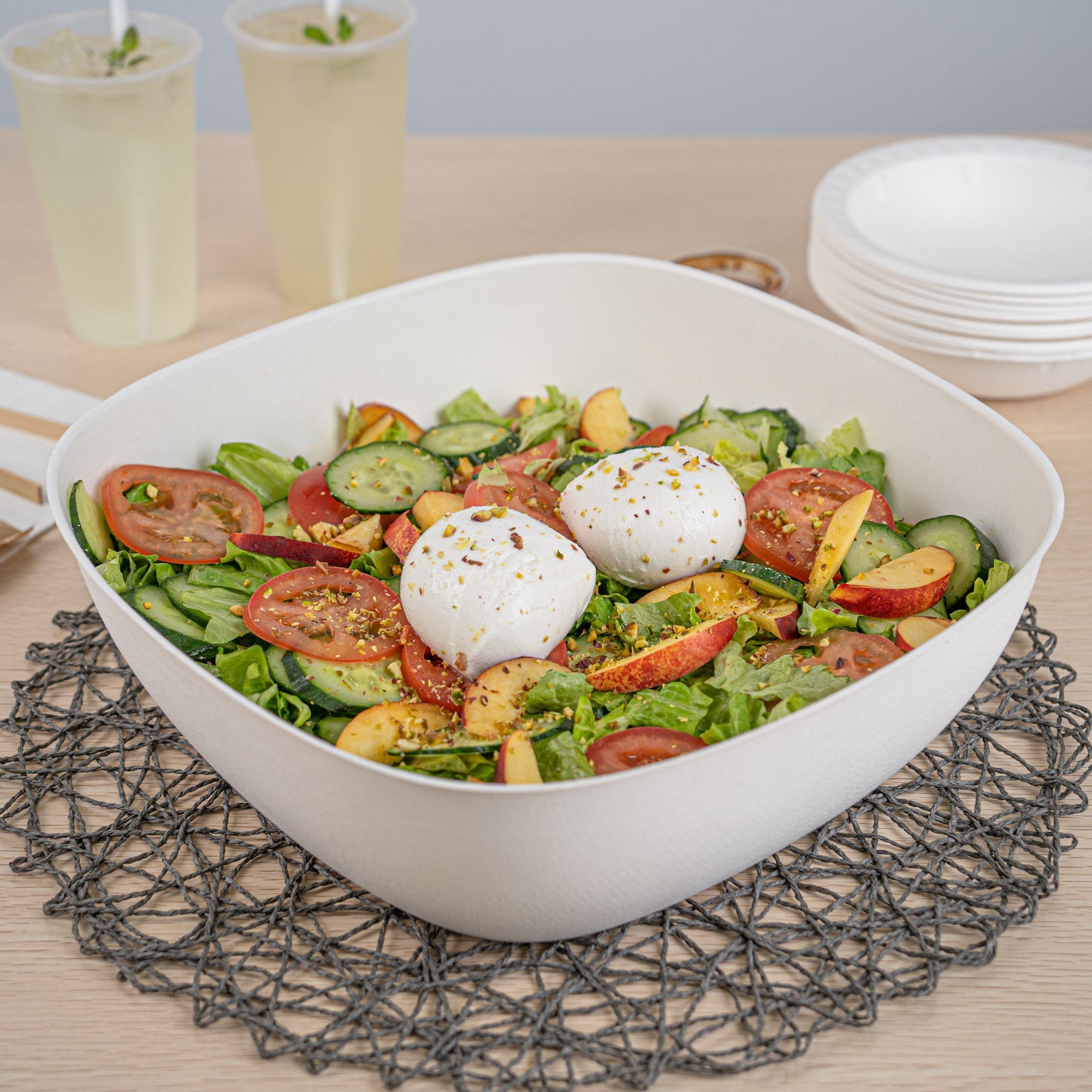 Pulp Safe Modular No PFAS Added 190 oz White Sugarcane / Bagasse Bowl - Home Compostable - 11 3/4" x 11 3/4" x 4" - 100 count box