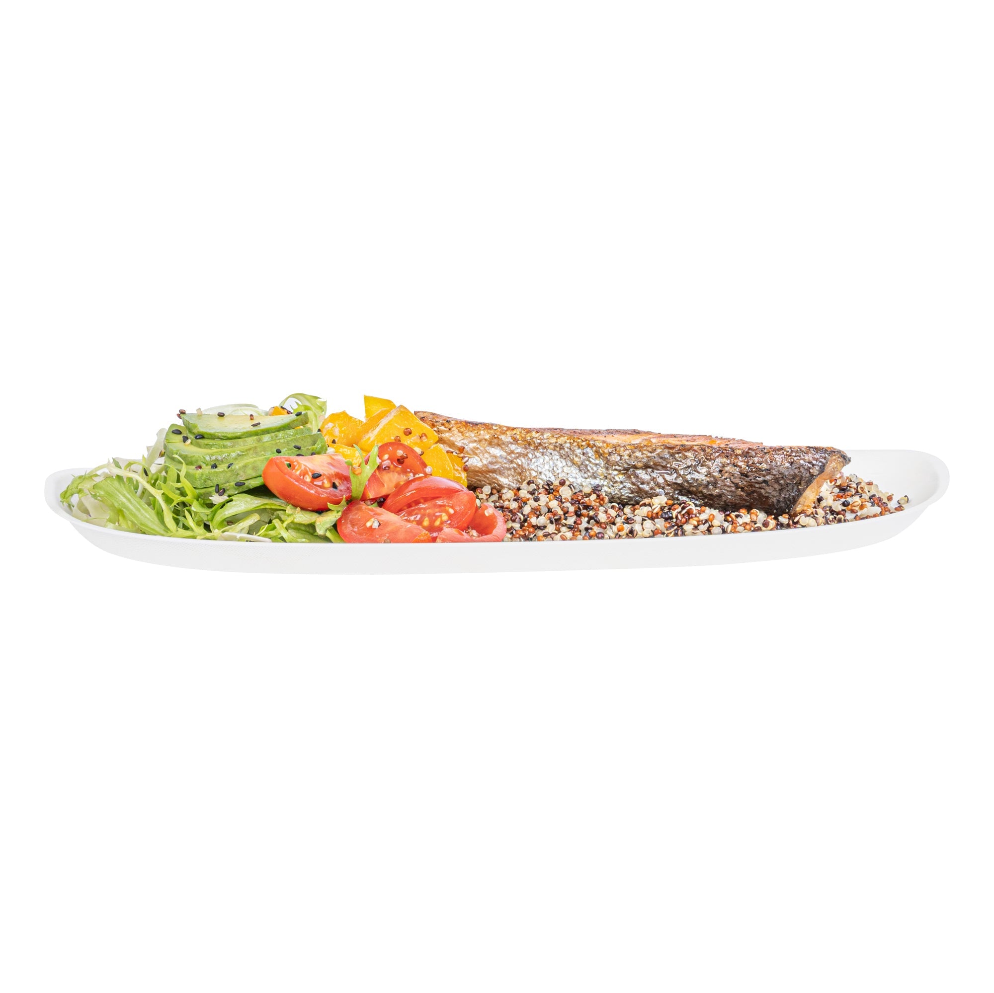 Pulp Safe Modular No PFAS Added White Sugarcane / Bagasse Plate - Home Compostable - 11 3/4" x 5 1/4" x 1/2" - 25 count box