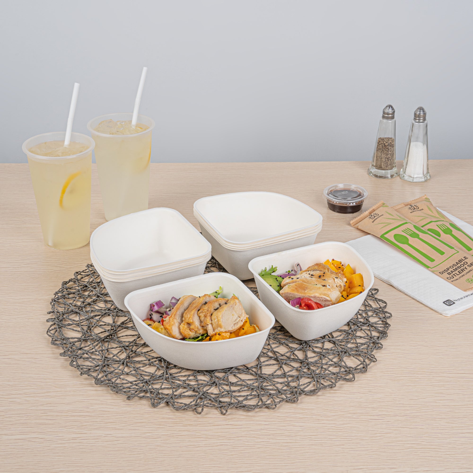Pulp Safe Modular No PFAS Added 17 oz White Sugarcane / Bagasse Bowl - Home Compostable - 5 1/4" x 5 1/4" x 2 1/4" - 25 count box