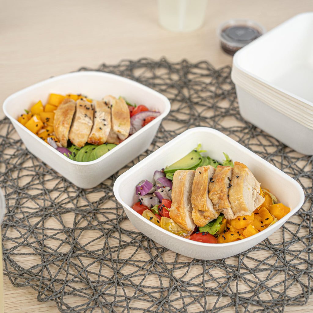 Pulp Safe Modular No PFAS Added 17 oz White Sugarcane / Bagasse Bowl - Home Compostable - 5 1/4" x 5 1/4" x 2 1/4" - 25 count box