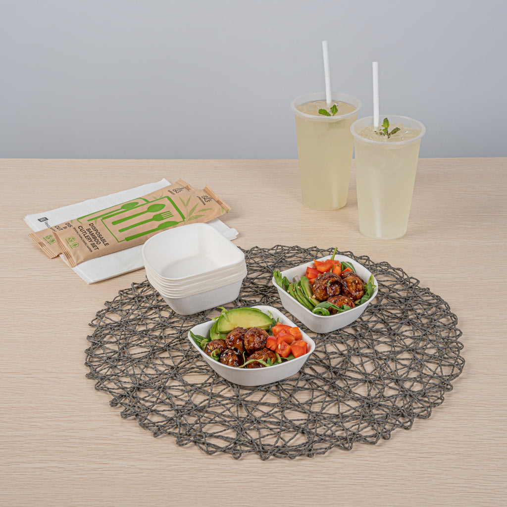 Pulp Safe Modular No PFAS Added 7 oz White Sugarcane / Bagasse Bowl - Home Compostable - 4" x 4" x 1 1/4" - 25 count box