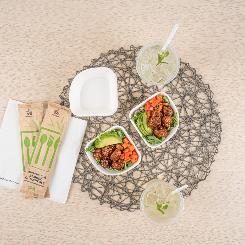 Pulp Safe Modular No PFAS Added 7 oz White Sugarcane / Bagasse Bowl - Home Compostable - 4" x 4" x 1 1/4" - 25 count box