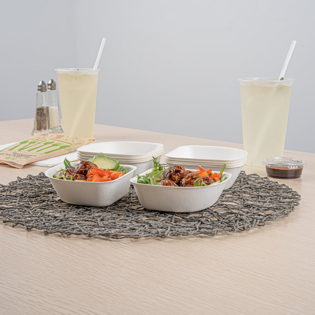 Pulp Safe Modular No PFAS Added 7 oz White Sugarcane / Bagasse Bowl - Home Compostable - 4" x 4" x 1 1/4" - 25 count box