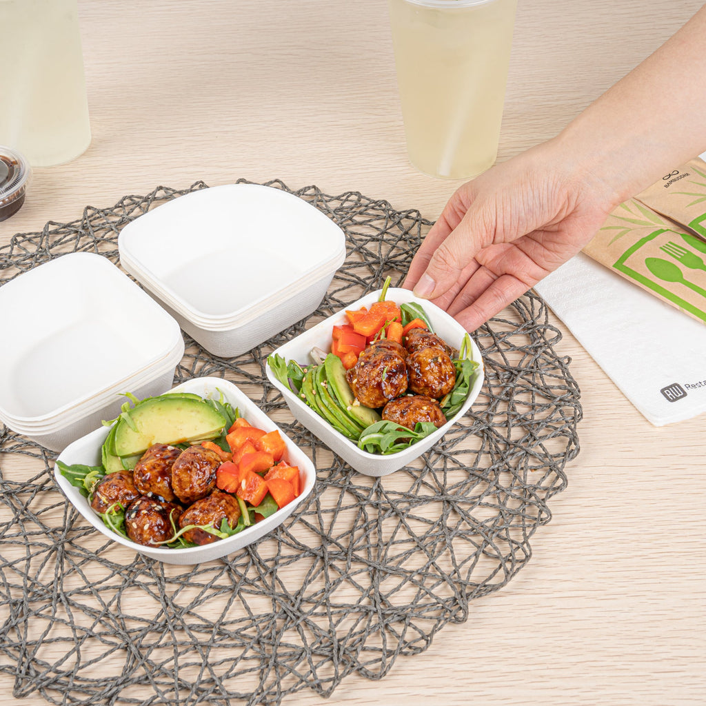 Pulp Safe Modular No PFAS Added 7 oz White Sugarcane / Bagasse Bowl - Home Compostable - 4" x 4" x 1 1/4" - 100 count box