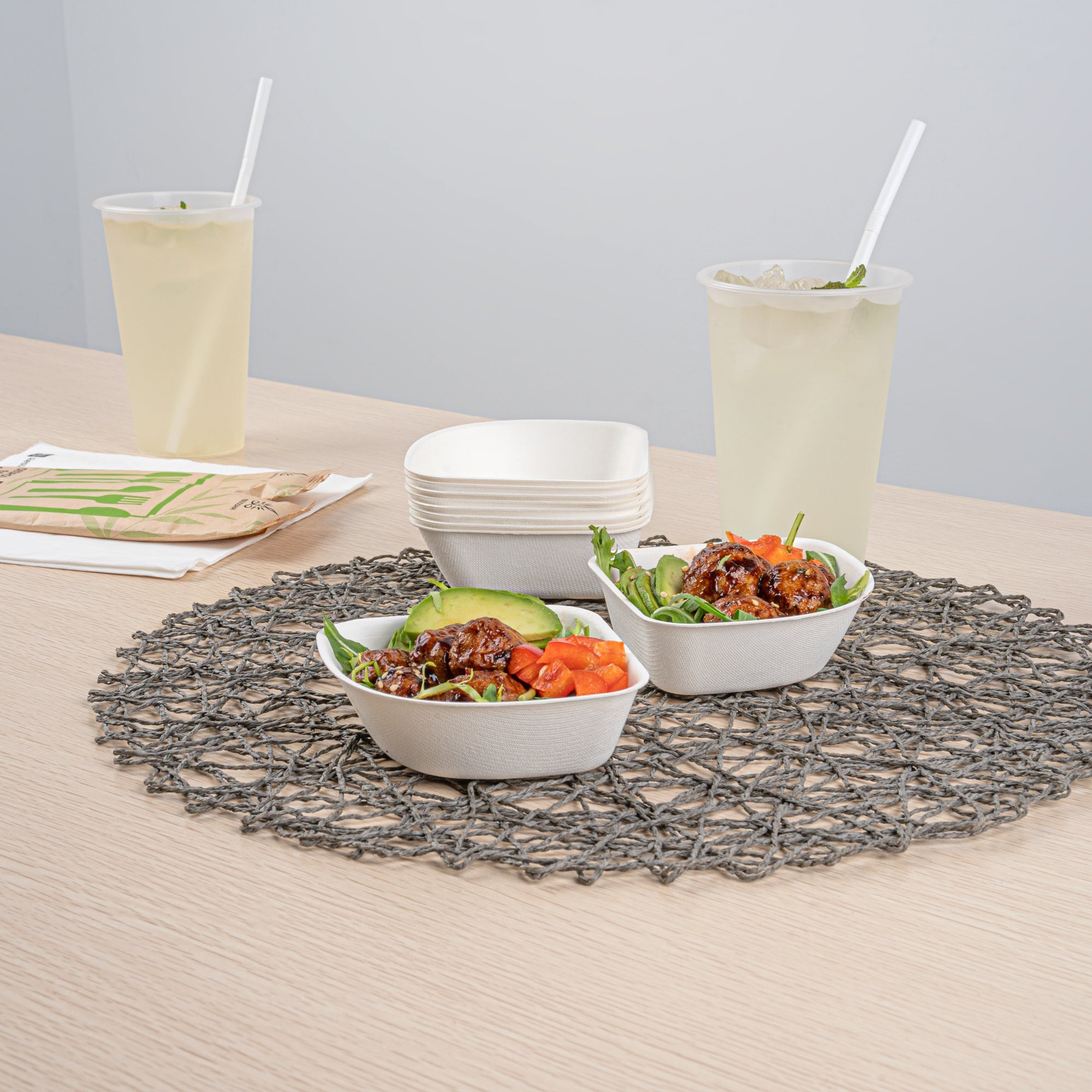 Pulp Safe Modular No PFAS Added 7 oz White Sugarcane / Bagasse Bowl - Home Compostable - 4" x 4" x 1 1/4" - 100 count box