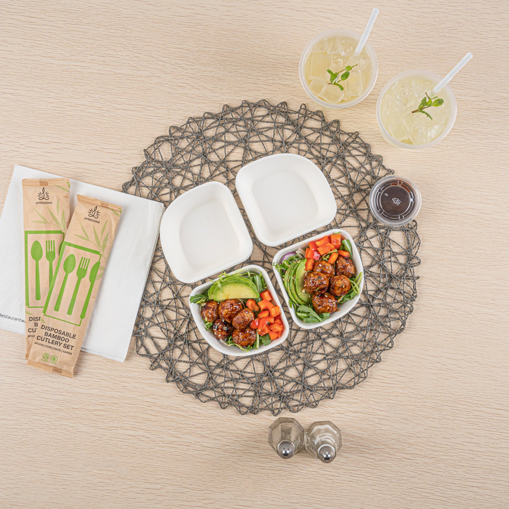Pulp Safe Modular No PFAS Added 7 oz White Sugarcane / Bagasse Bowl - Home Compostable - 4" x 4" x 1 1/4" - 100 count box