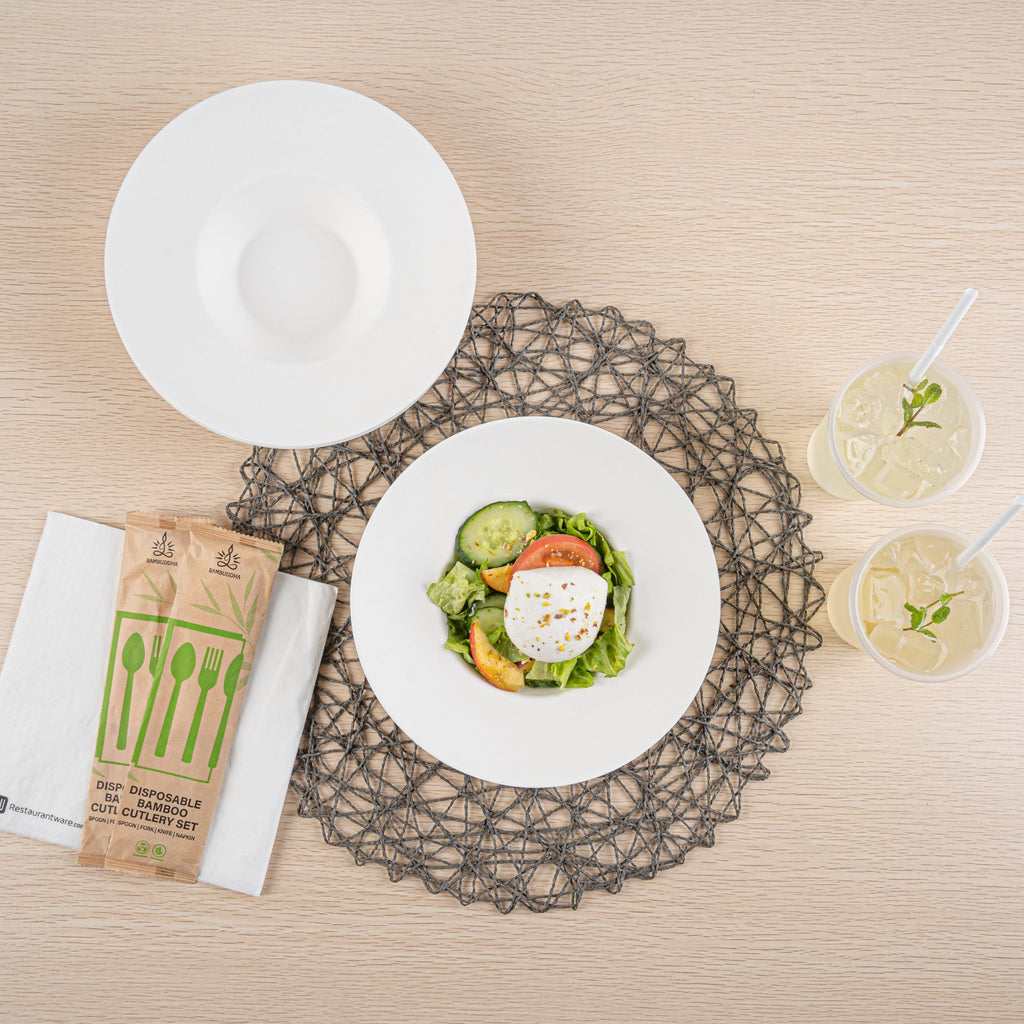 Pulp Safe No PFAS Added 10 oz White Sugarcane / Bagasse Salad Bowl / Dessert Plate - Home Compostable - 8 3/4" x 8 3/4" x 2" - 25 count box