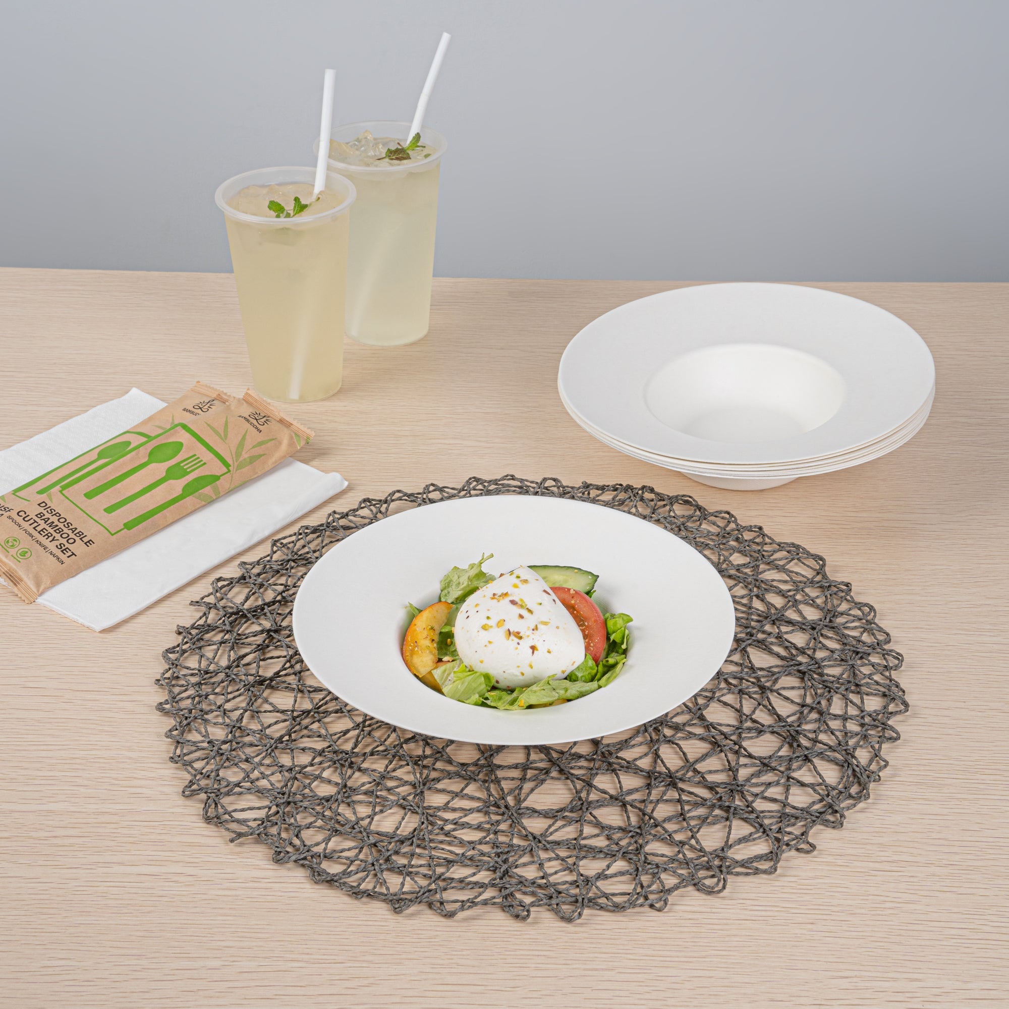 Pulp Safe No PFAS Added 10 oz White Sugarcane / Bagasse Salad Bowl / Dessert Plate - Home Compostable - 8 3/4" x 8 3/4" x 2" - 100 count box