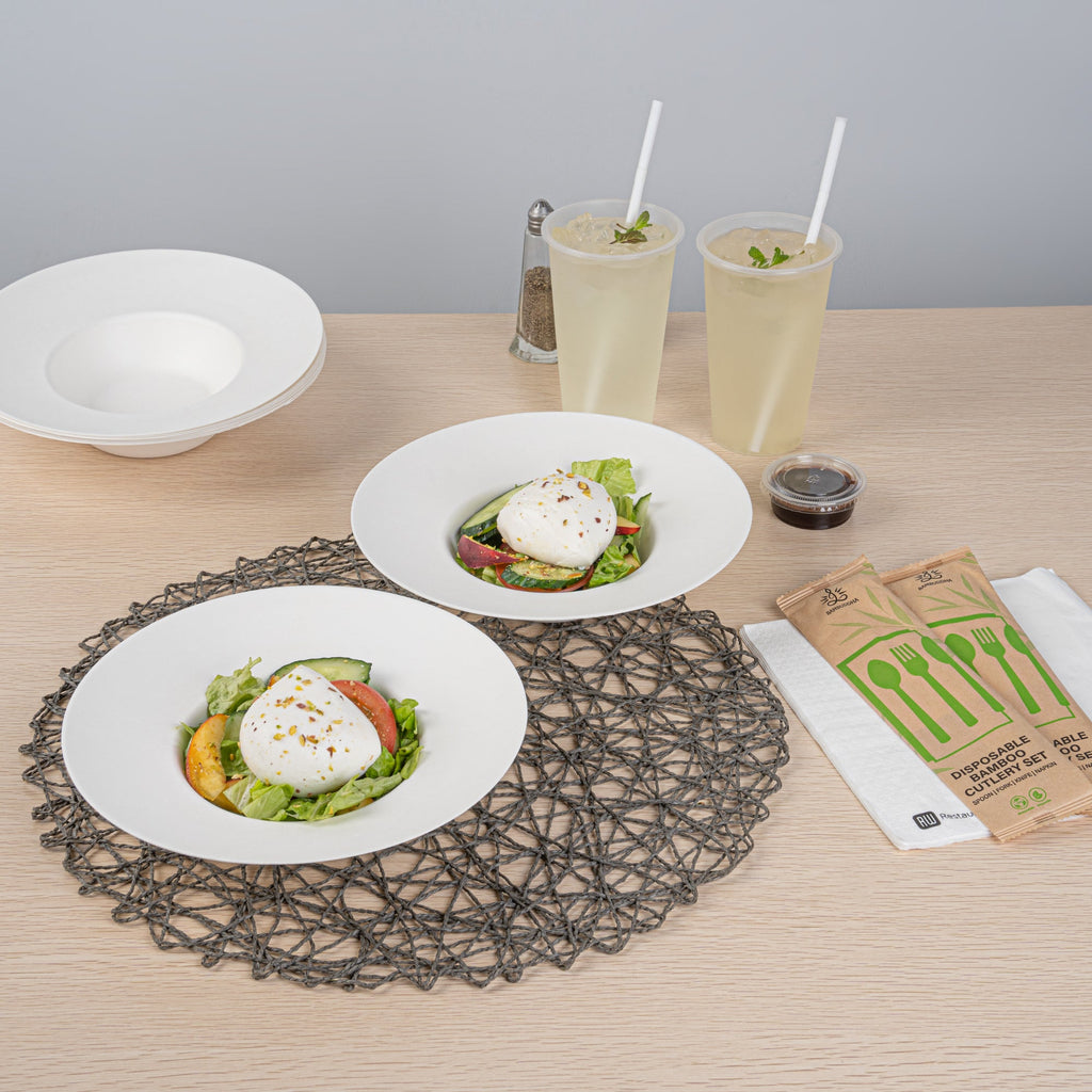 Pulp Safe No PFAS Added 10 oz White Sugarcane / Bagasse Salad Bowl / Dessert Plate - Home Compostable - 8 3/4" x 8 3/4" x 2" - 100 count box