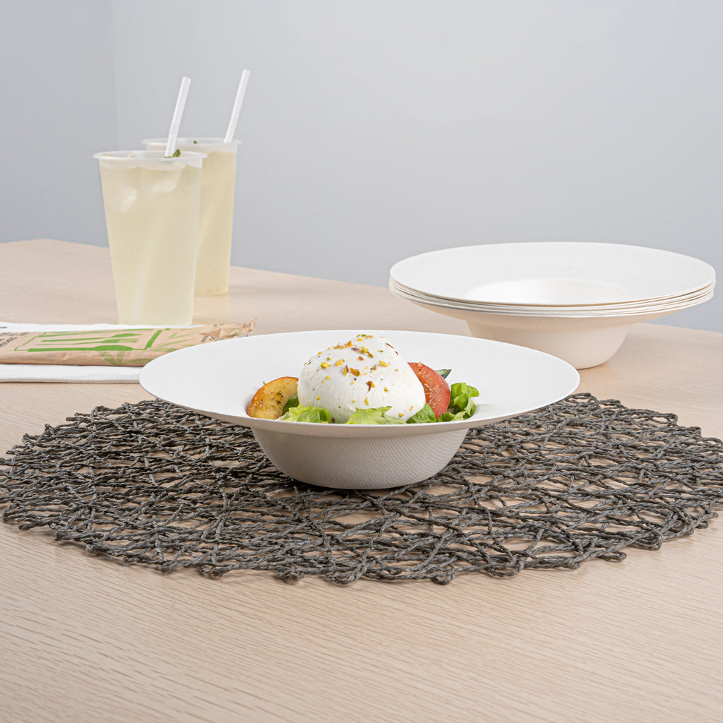 Pulp Safe No PFAS Added 10 oz White Sugarcane / Bagasse Salad Bowl / Dessert Plate - Home Compostable - 8 3/4" x 8 3/4" x 2" - 100 count box
