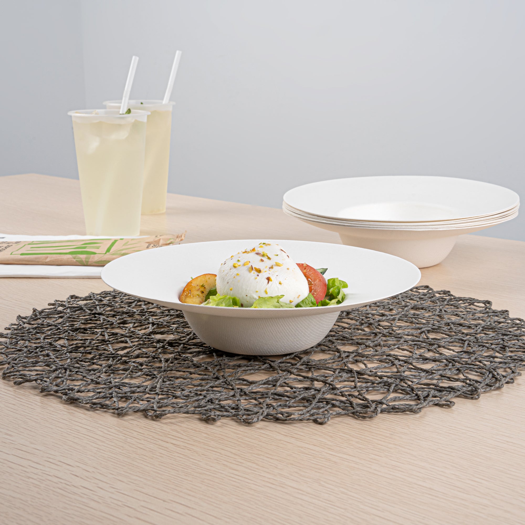 Pulp Safe No PFAS Added 10 oz White Sugarcane / Bagasse Salad Bowl / Dessert Plate - Home Compostable - 8 3/4" x 8 3/4" x 2" - 100 count box