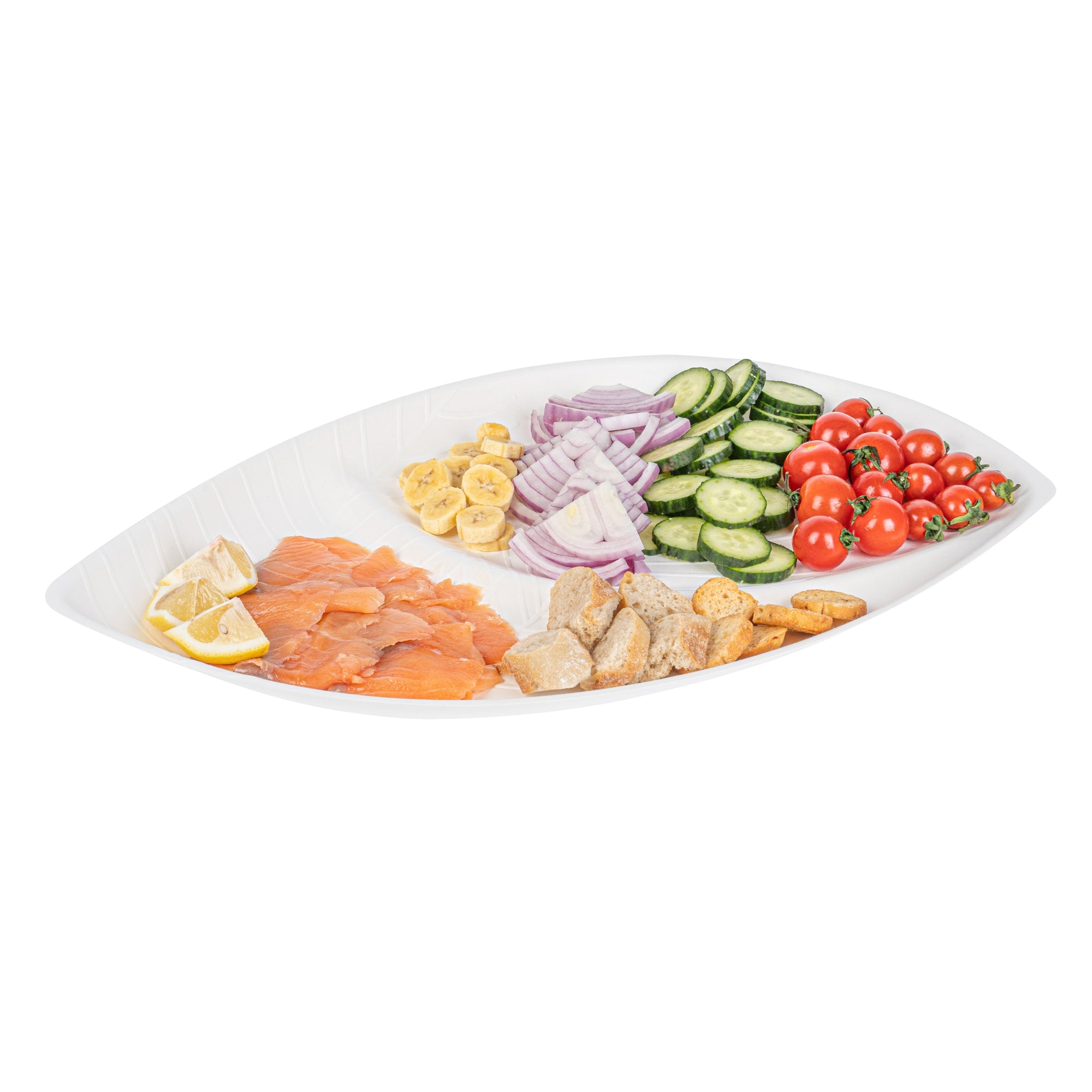 Pulp Safe Modular No PFAS Added White Sugarcane / Bagasse Tray - Home Compostable, 2 Compartments - 18 1/2" x 11 1/4" - 25 count box