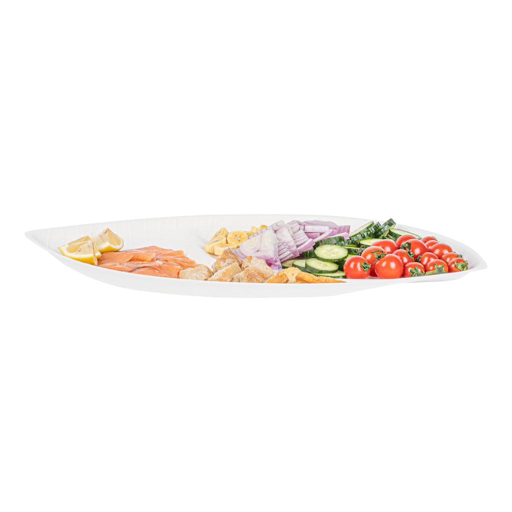 Pulp Safe Modular No PFAS Added White Sugarcane / Bagasse Tray - Home Compostable, 2 Compartments - 18 1/2" x 11 1/4" - 25 count box