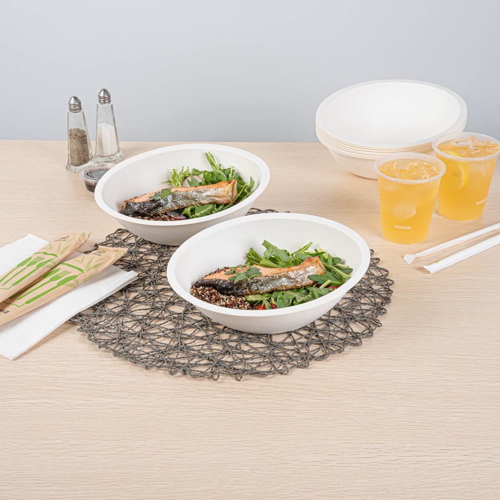 Pulp Safe No PFAS Added 27 oz Oval White Sugarcane / Bagasse Bowl - Home Compostable - 8 3/4" x 6 3/4" x 3 1/4" - 25 count box