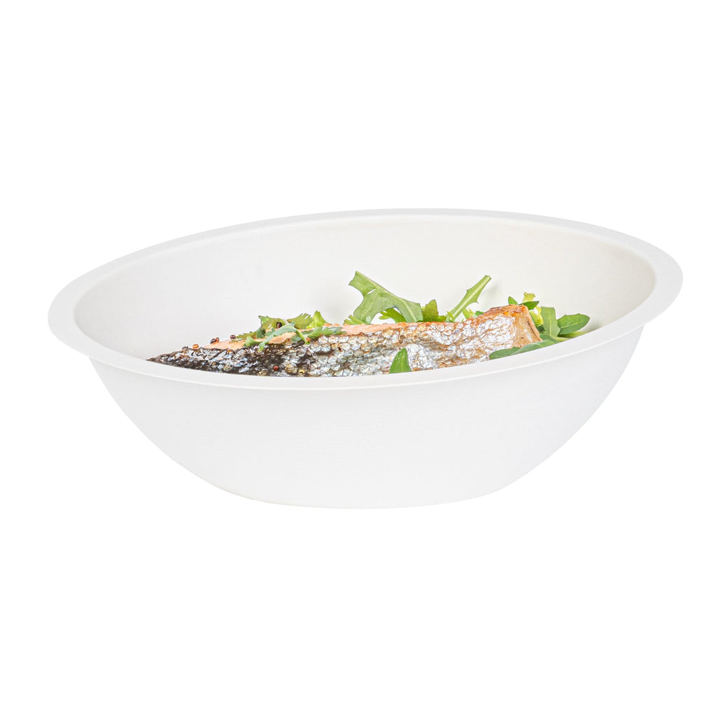 Pulp Safe No PFAS Added 27 oz Oval White Sugarcane / Bagasse Bowl - Home Compostable - 8 3/4" x 6 3/4" x 3 1/4" - 25 count box