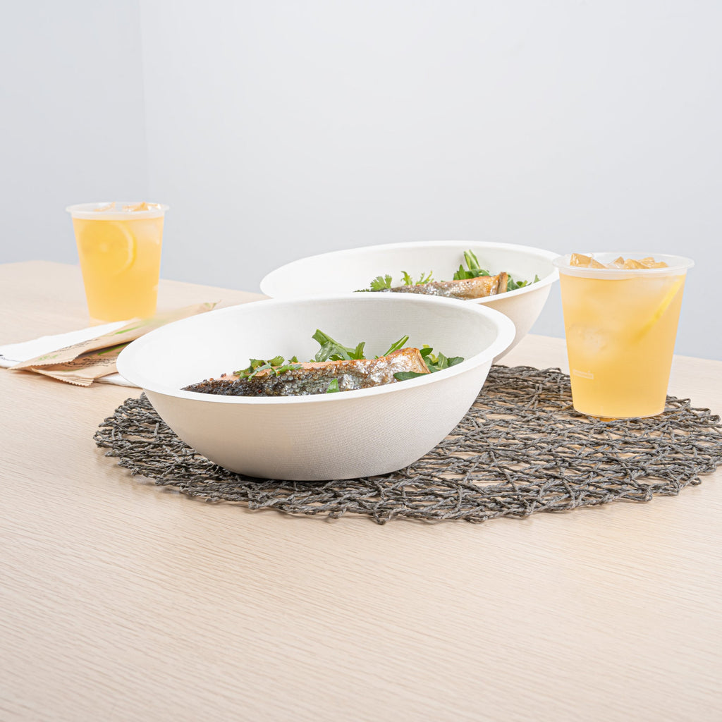 Pulp Safe No PFAS Added 27 oz Oval White Sugarcane / Bagasse Bowl - Home Compostable - 8 3/4" x 6 3/4" x 3 1/4" - 25 count box