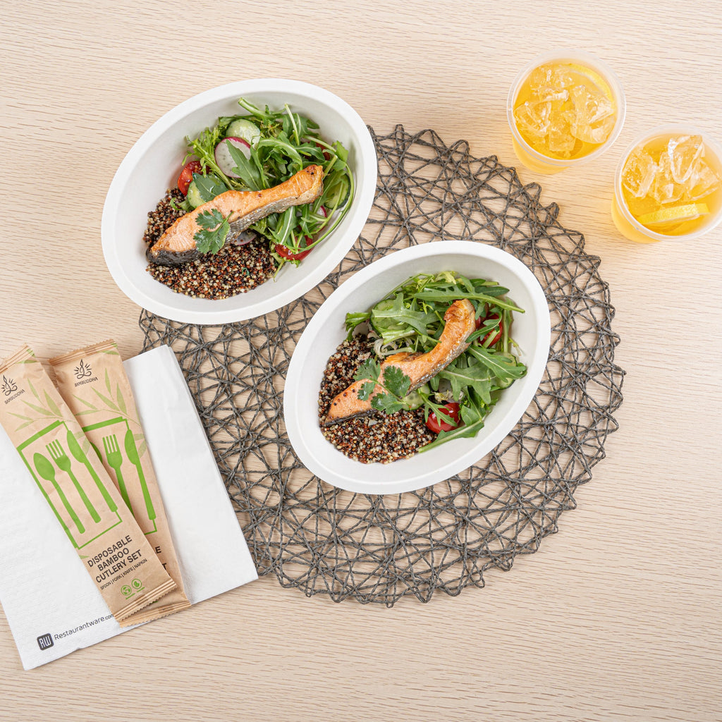 Pulp Safe No PFAS Added 27 oz Oval White Sugarcane / Bagasse Bowl - Home Compostable - 8 3/4" x 6 3/4" x 3 1/4" - 100 count box