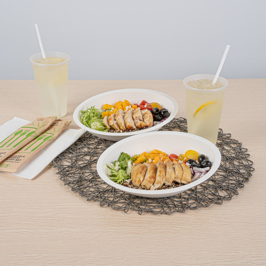Pulp Safe No PFAS Added 16 oz Oval White Sugarcane / Bagasse Bowl - Home Compostable - 8 3/4" x 6 3/4" x 2 1/4" - 100 count box