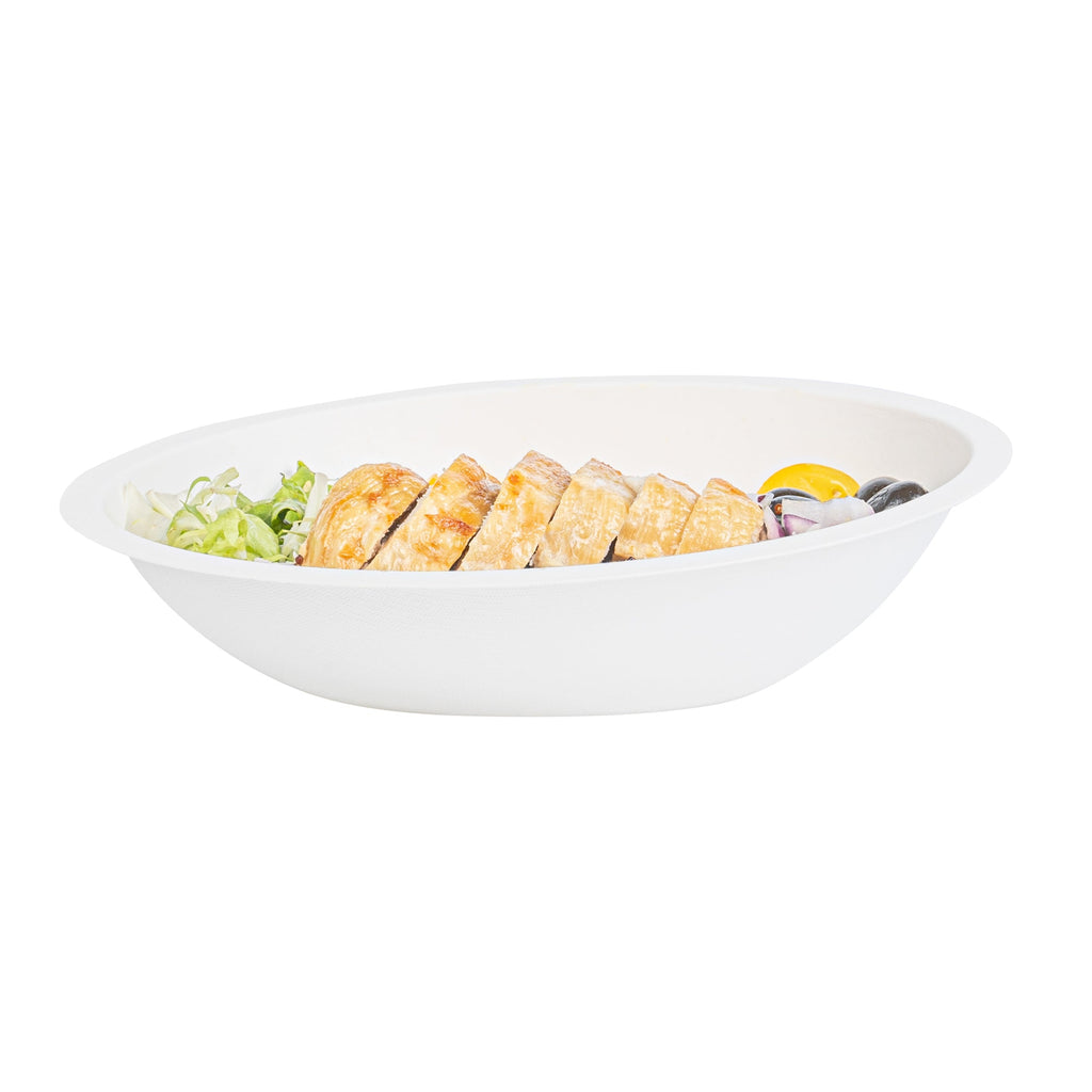 Pulp Safe No PFAS Added 16 oz Oval White Sugarcane / Bagasse Bowl - Home Compostable - 8 3/4" x 6 3/4" x 2 1/4" - 100 count box