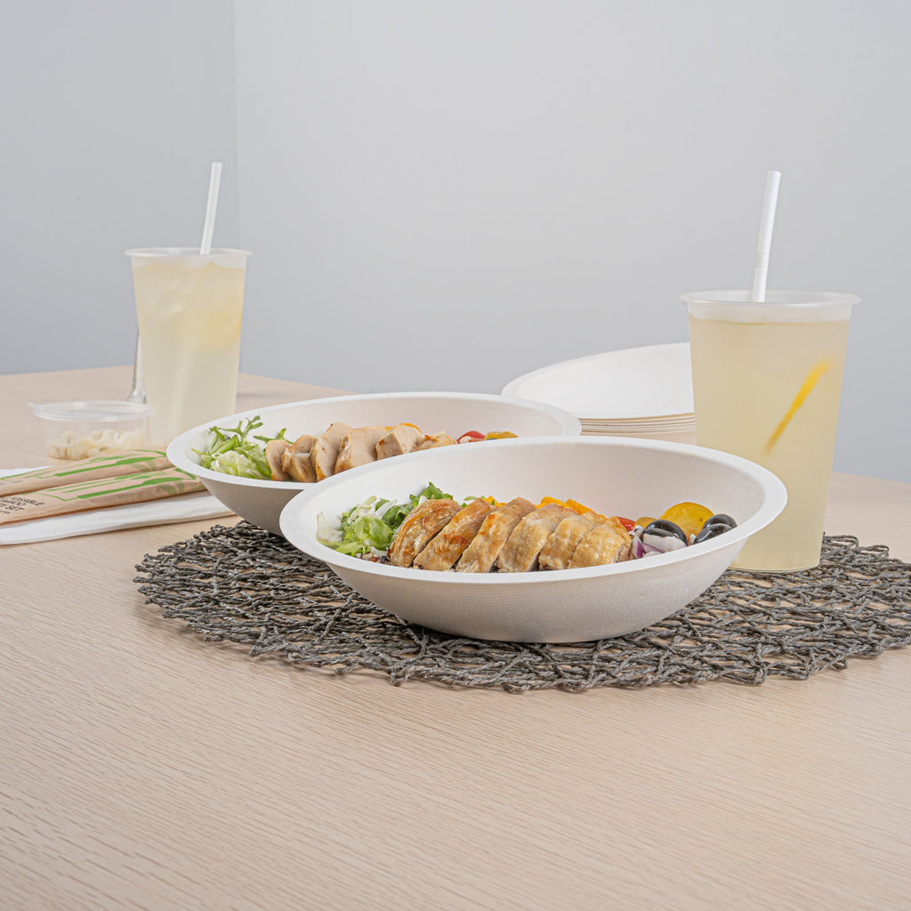 Pulp Safe No PFAS Added 16 oz Oval White Sugarcane / Bagasse Bowl - Home Compostable - 8 3/4" x 6 3/4" x 2 1/4" - 100 count box