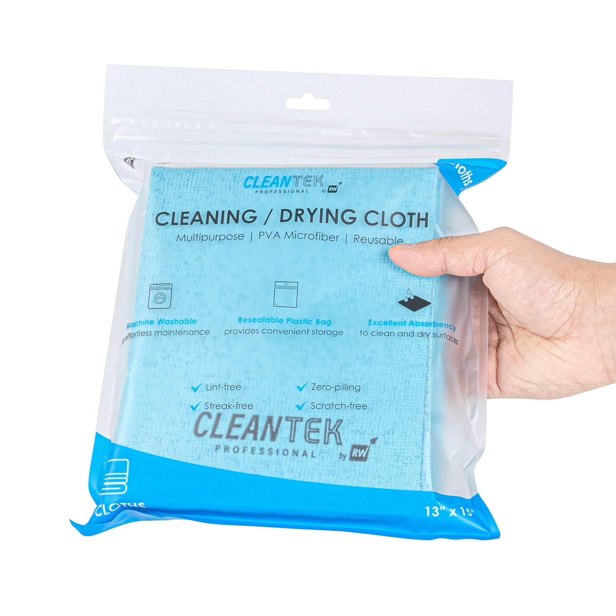 Clean Tek Professional Blue Microfiber Cleaning / Drying Cloth - 13'' x 15'' - 5 count box