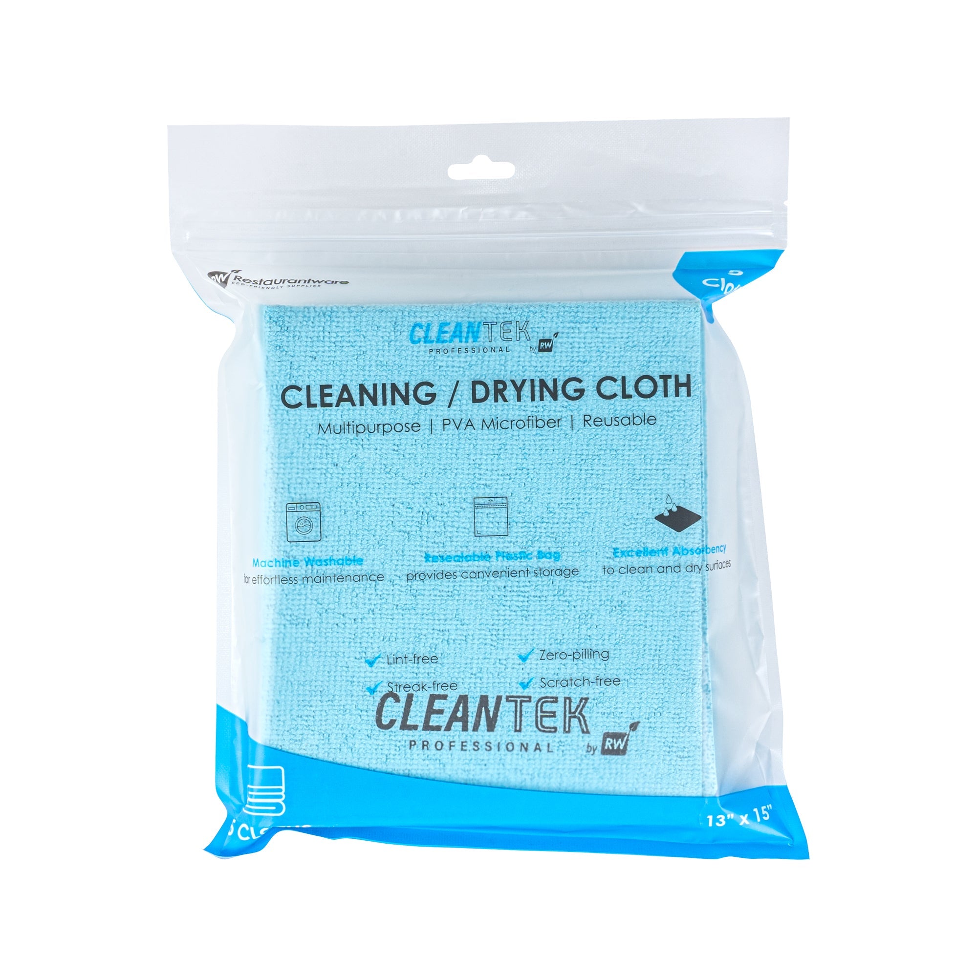 Clean Tek Professional Blue Microfiber Cleaning / Drying Cloth - 13'' x 15'' - 5 count box