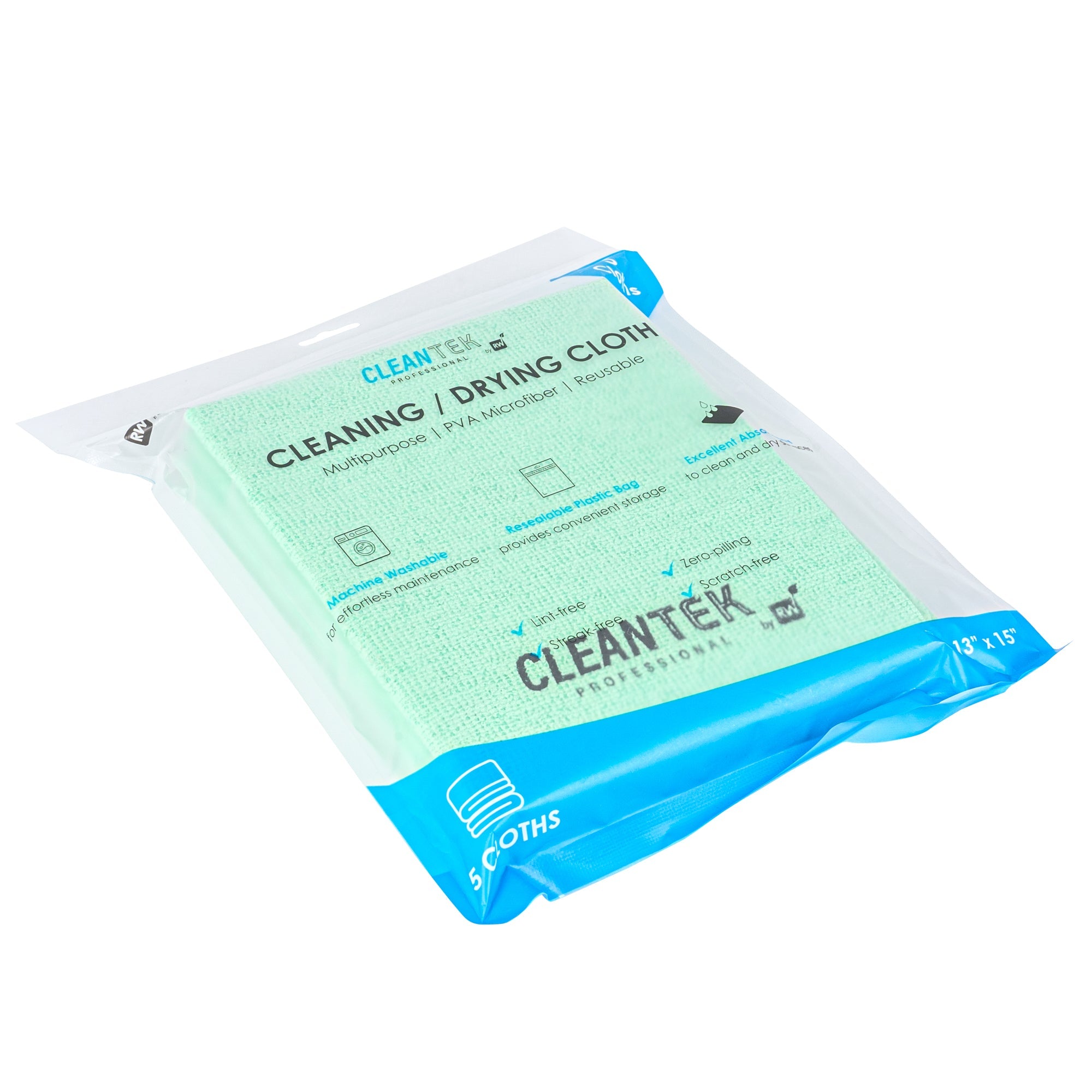 Clean Tek Professional Green Microfiber Cleaning / Drying Cloth - 13'' x 15'' - 5 count box