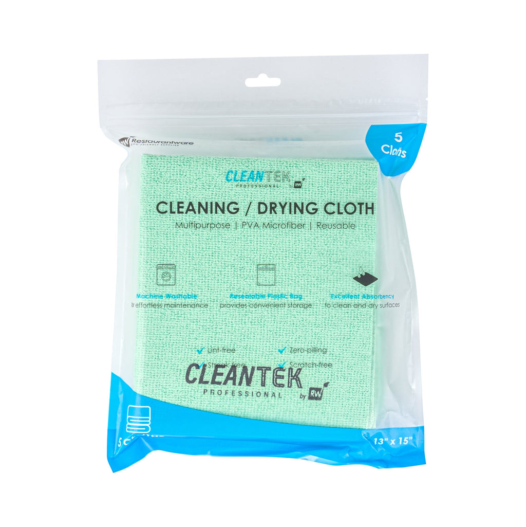 Clean Tek Professional Green Microfiber Cleaning / Drying Cloth - 13'' x 15'' - 5 count box