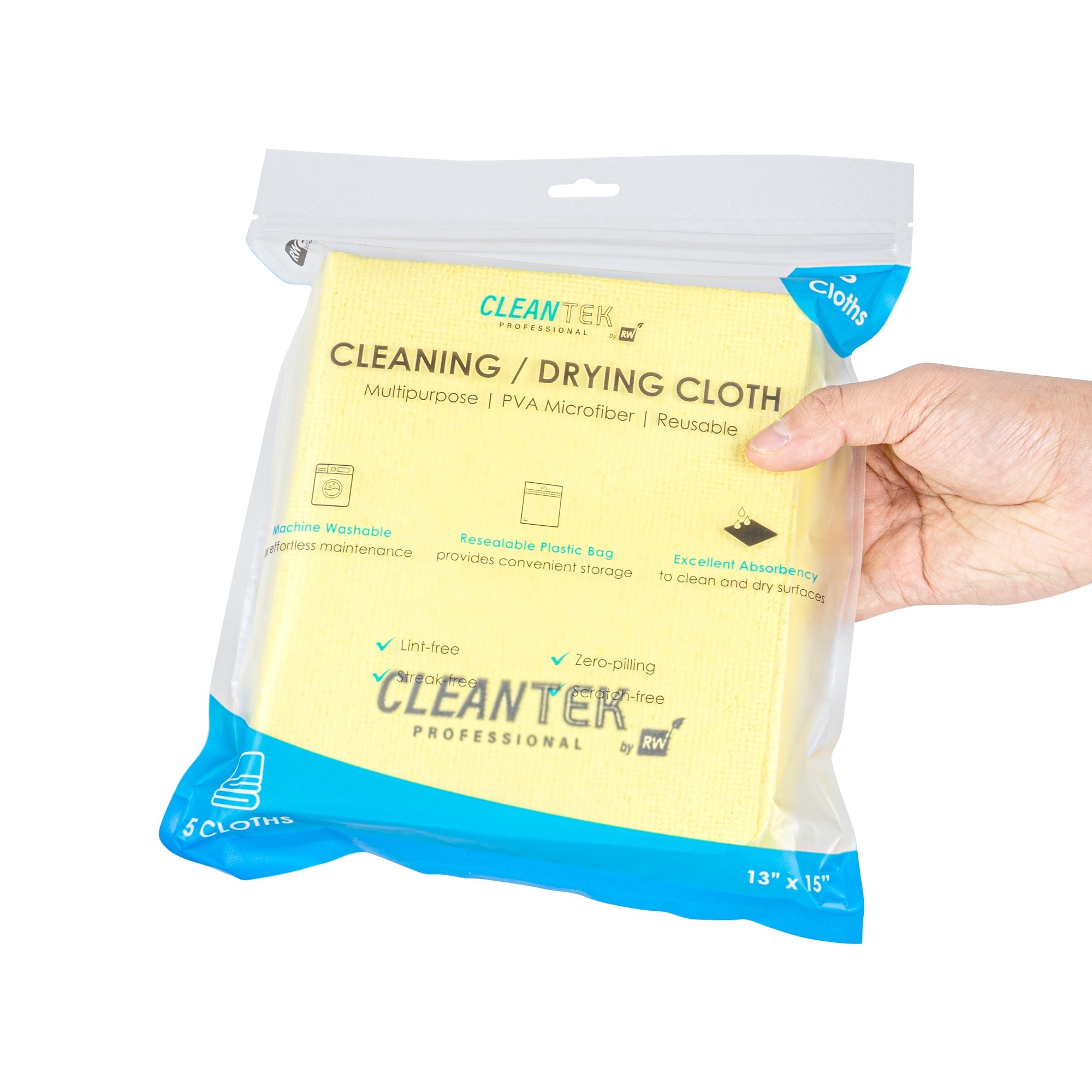 Clean Tek Professional Yellow Microfiber Cleaning / Drying Cloth - 13'' x 15'' - 5 count box