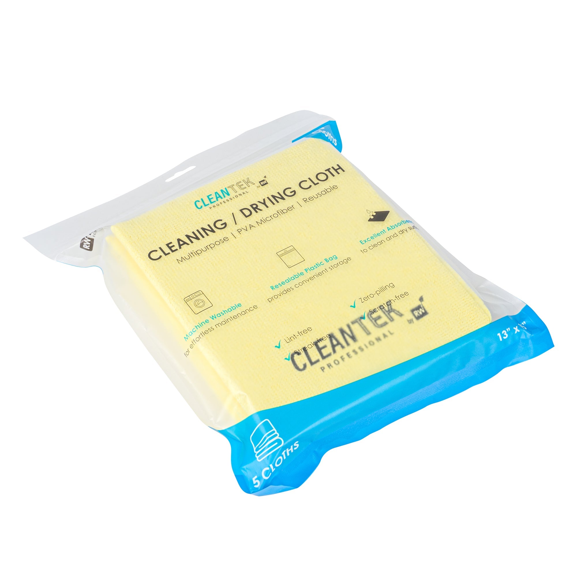 Clean Tek Professional Yellow Microfiber Cleaning / Drying Cloth - 13'' x 15'' - 5 count box