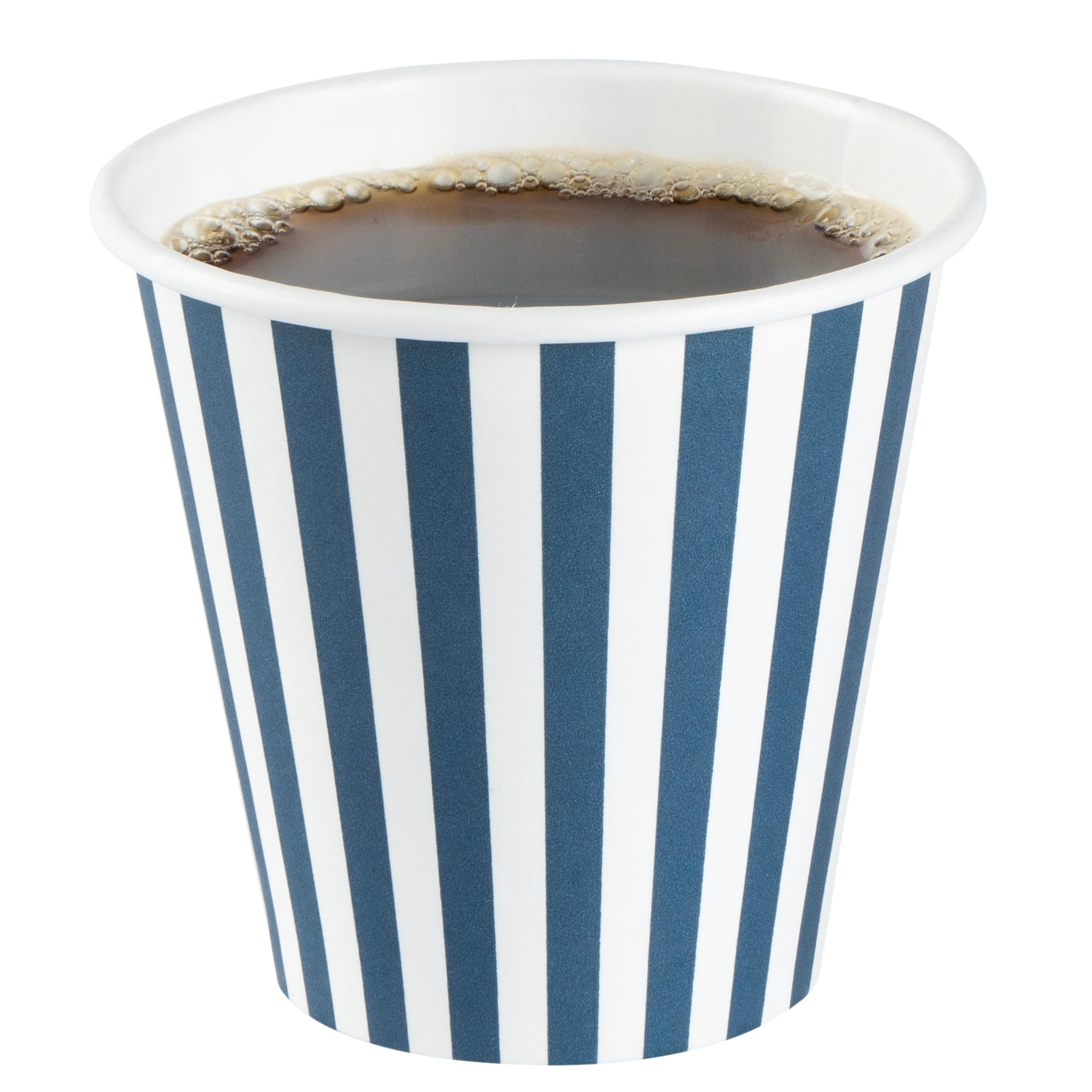Restpresso 8 oz Blue and White Stripe Paper Single Wall Coffee Cup - with White Lid - 3 1/2"x 3 1/2"x 4" - 20 count box
