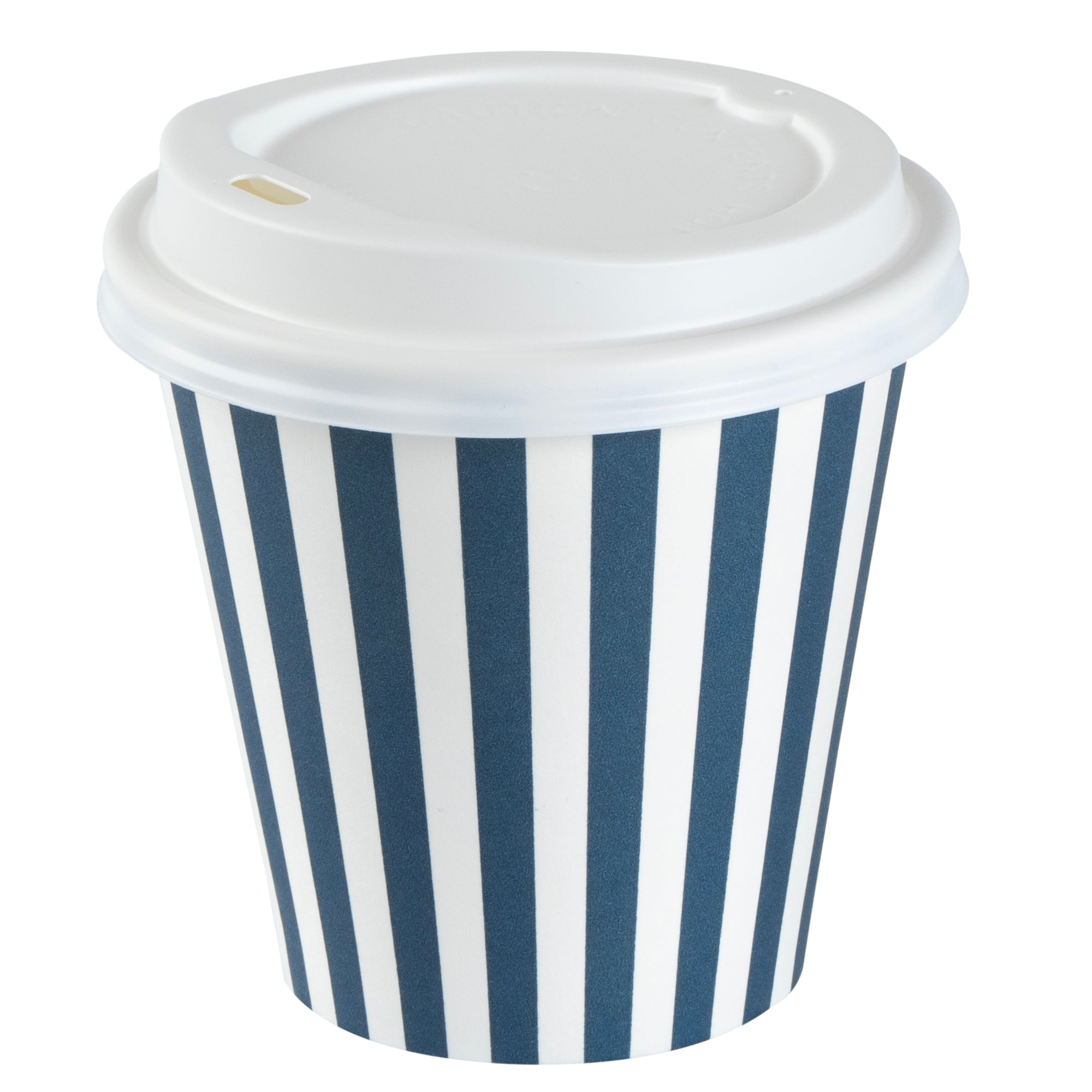 Restpresso 8 oz Blue and White Stripe Paper Single Wall Coffee Cup - with White Lid - 3 1/2"x 3 1/2"x 4" - 20 count box