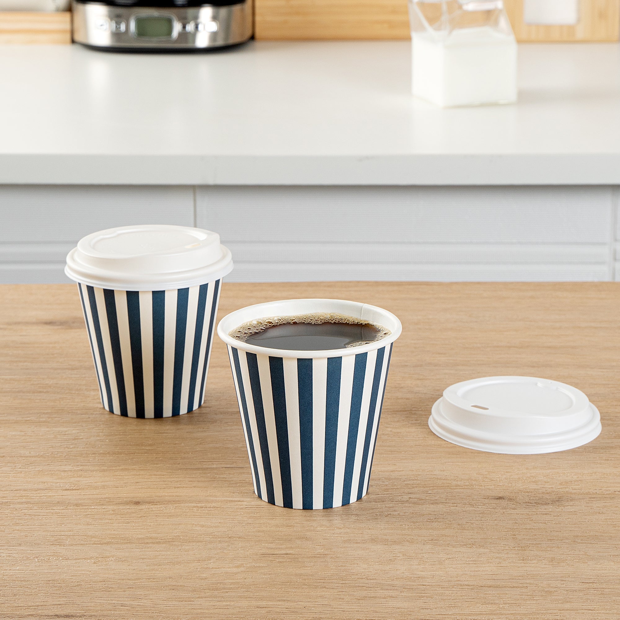 Restpresso 8 oz Blue and White Stripe Paper Single Wall Coffee Cup - with White Lid - 3 1/2"x 3 1/2"x 4" - 400 count box