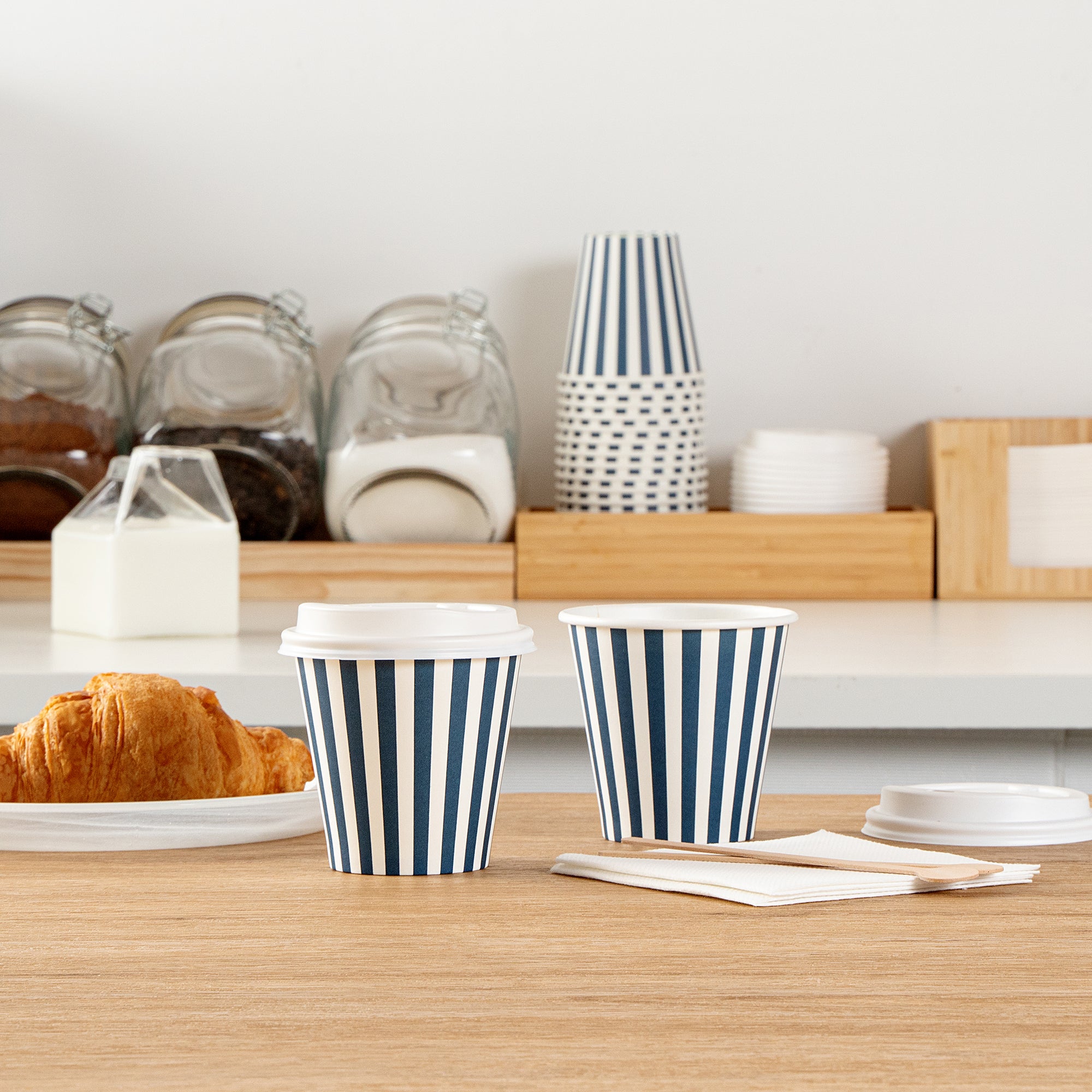 Restpresso 8 oz Blue and White Stripe Paper Single Wall Coffee Cup - with White Lid - 3 1/2"x 3 1/2"x 4" - 400 count box