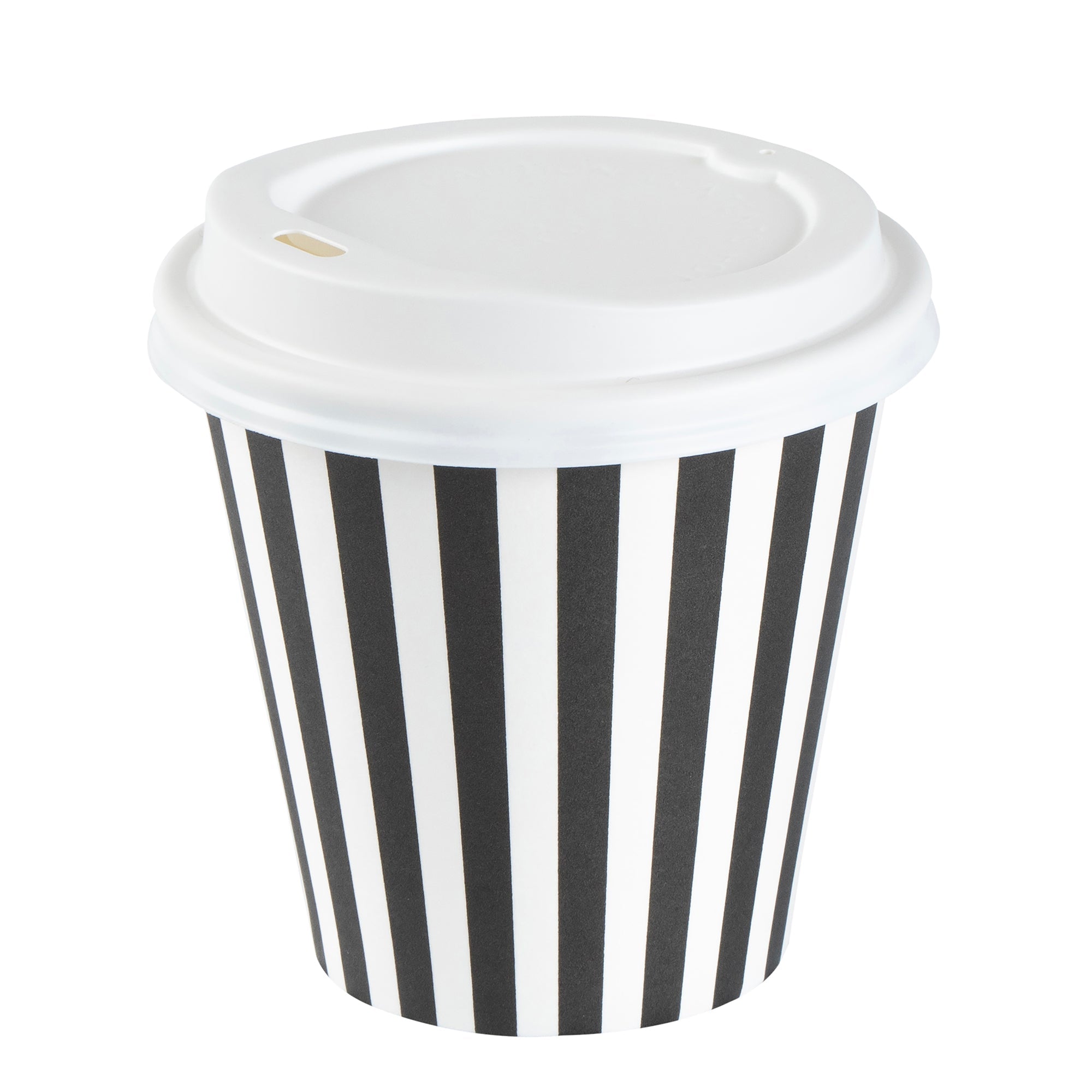 Restpresso 8 oz Black and White Stripe Paper Single Wall Coffee Cup - with White Lid - 3 1/2"x 3 1/2"x 4" - 20 count box