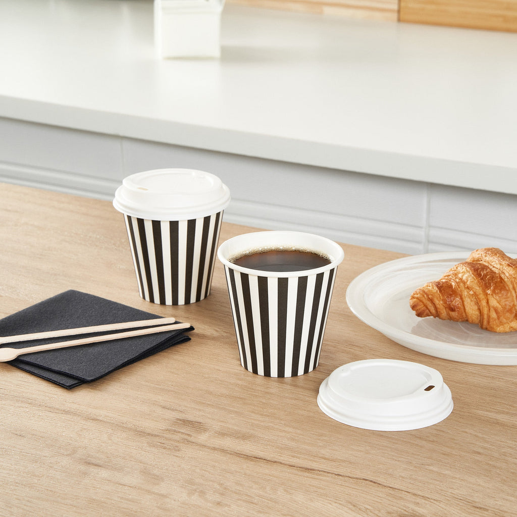 Restpresso 8 oz Black and White Stripe Paper Single Wall Coffee Cup - with White Lid - 3 1/2"x 3 1/2"x 4" - 20 count box